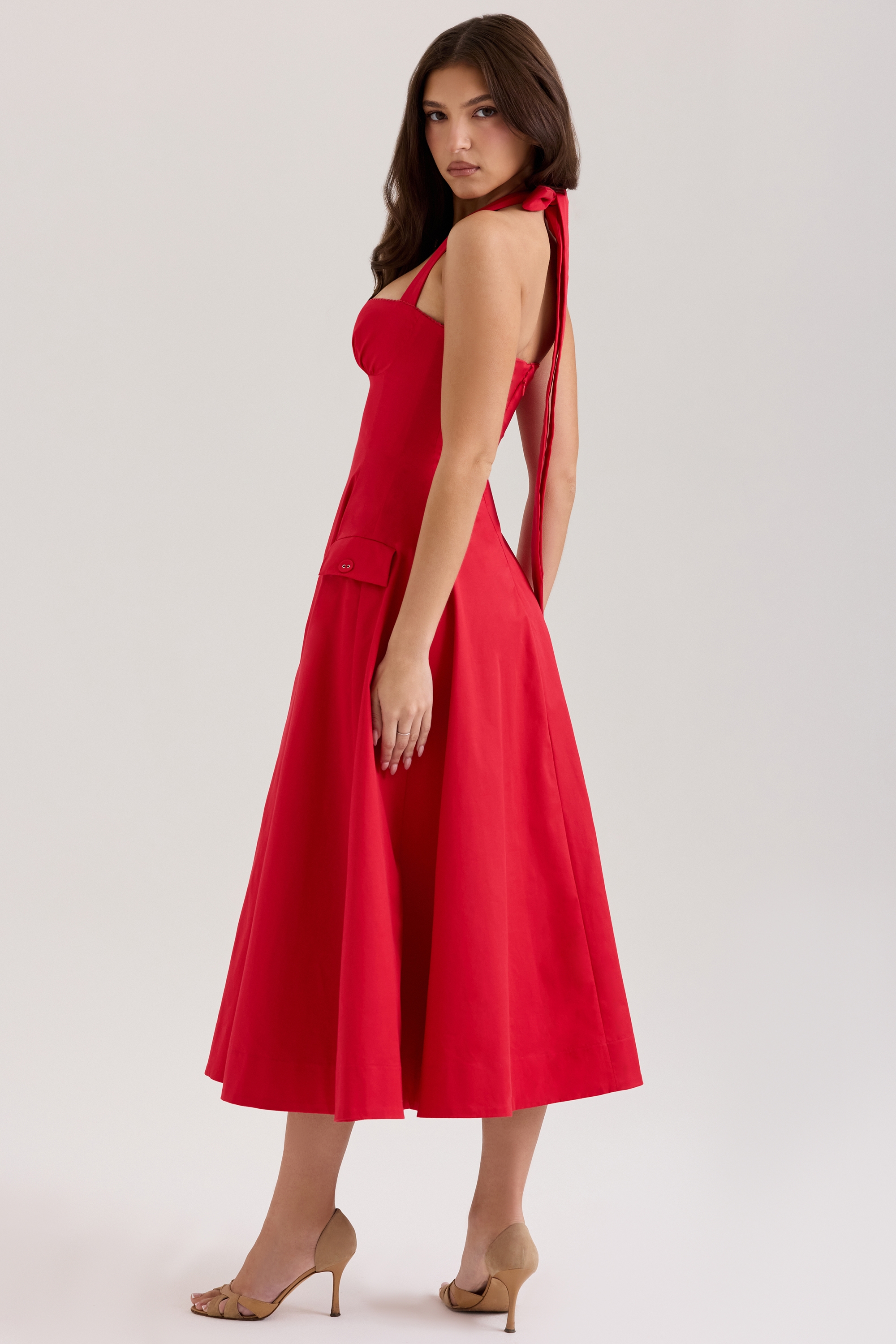 Claudia-Red Stretch Cotton Button Halter Neck Midi Dress