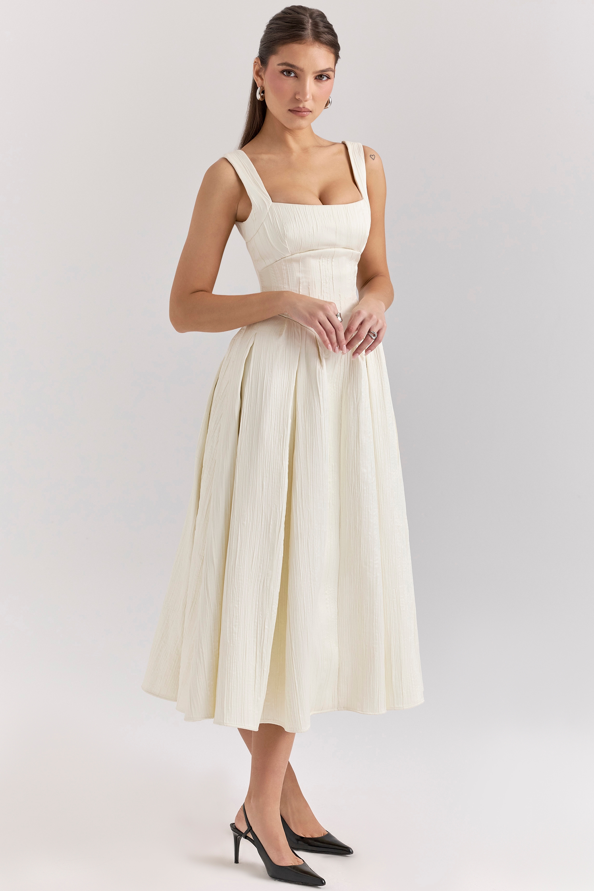 Isabeau-Ivory Textured Satin Corset Midi Dress