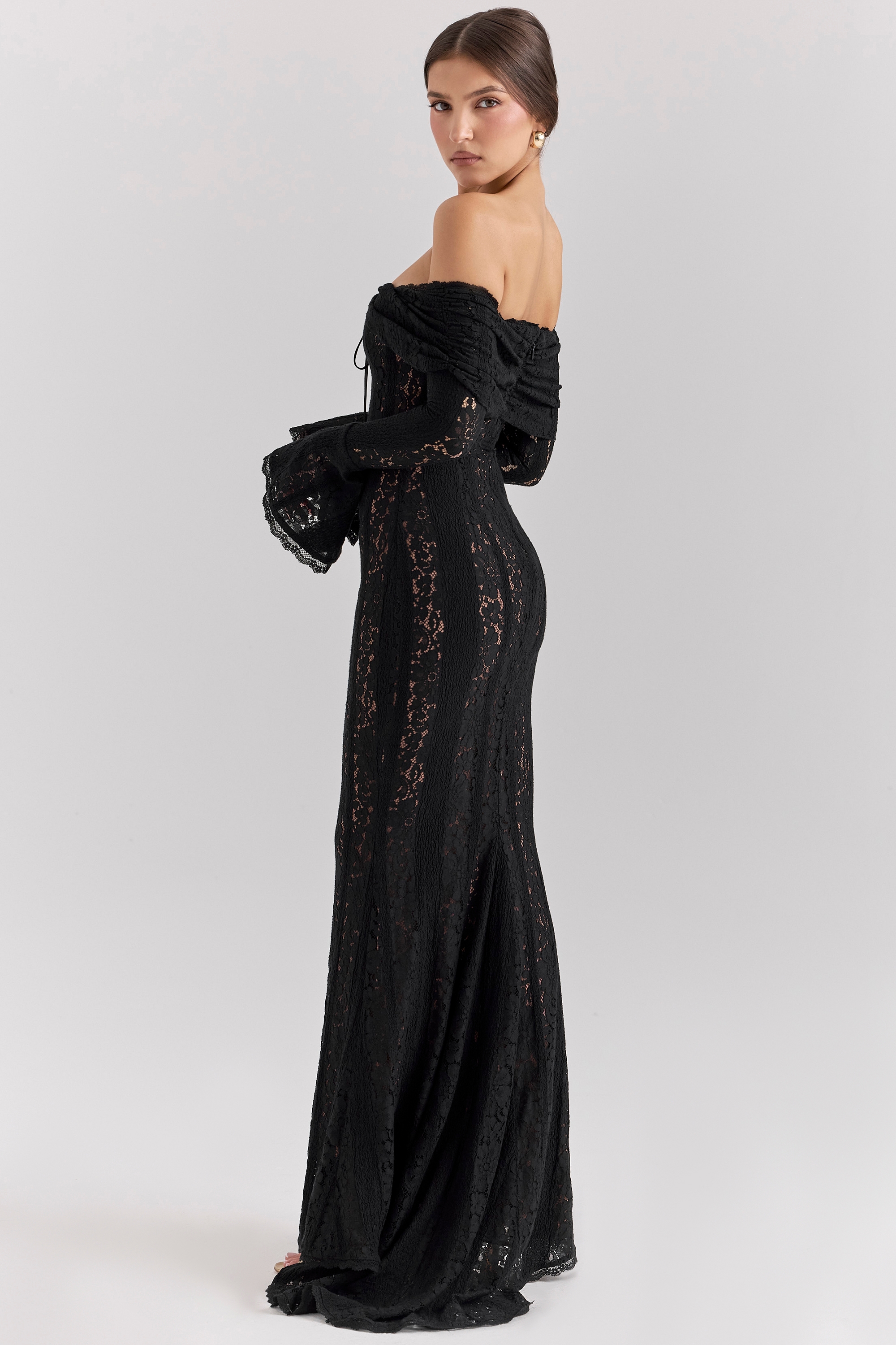 Belle-Black Off Shoulder Floral Lace Maxi Dress