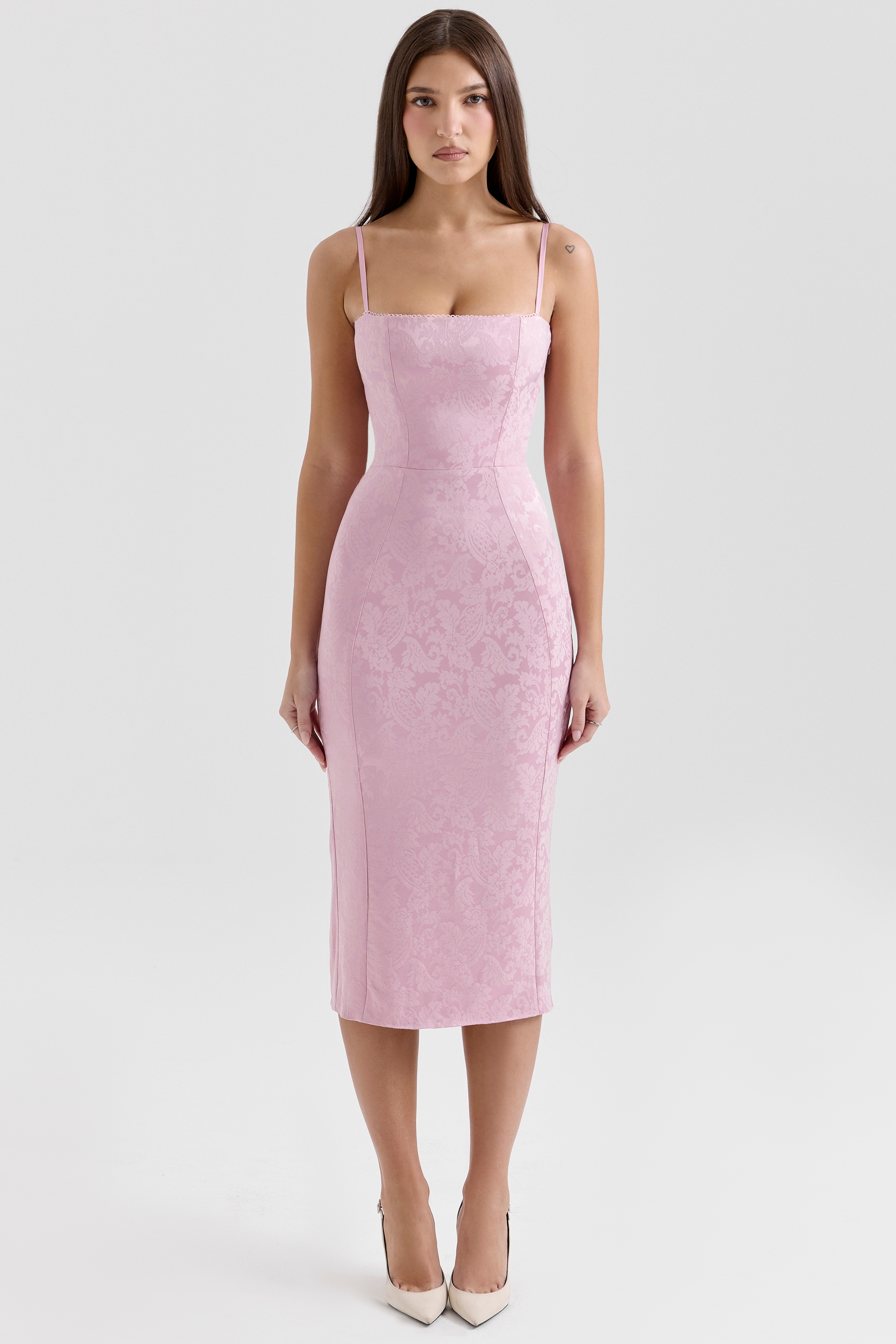Ophelle-Pink Jacquard Lace Up Bodycon Midi Dress