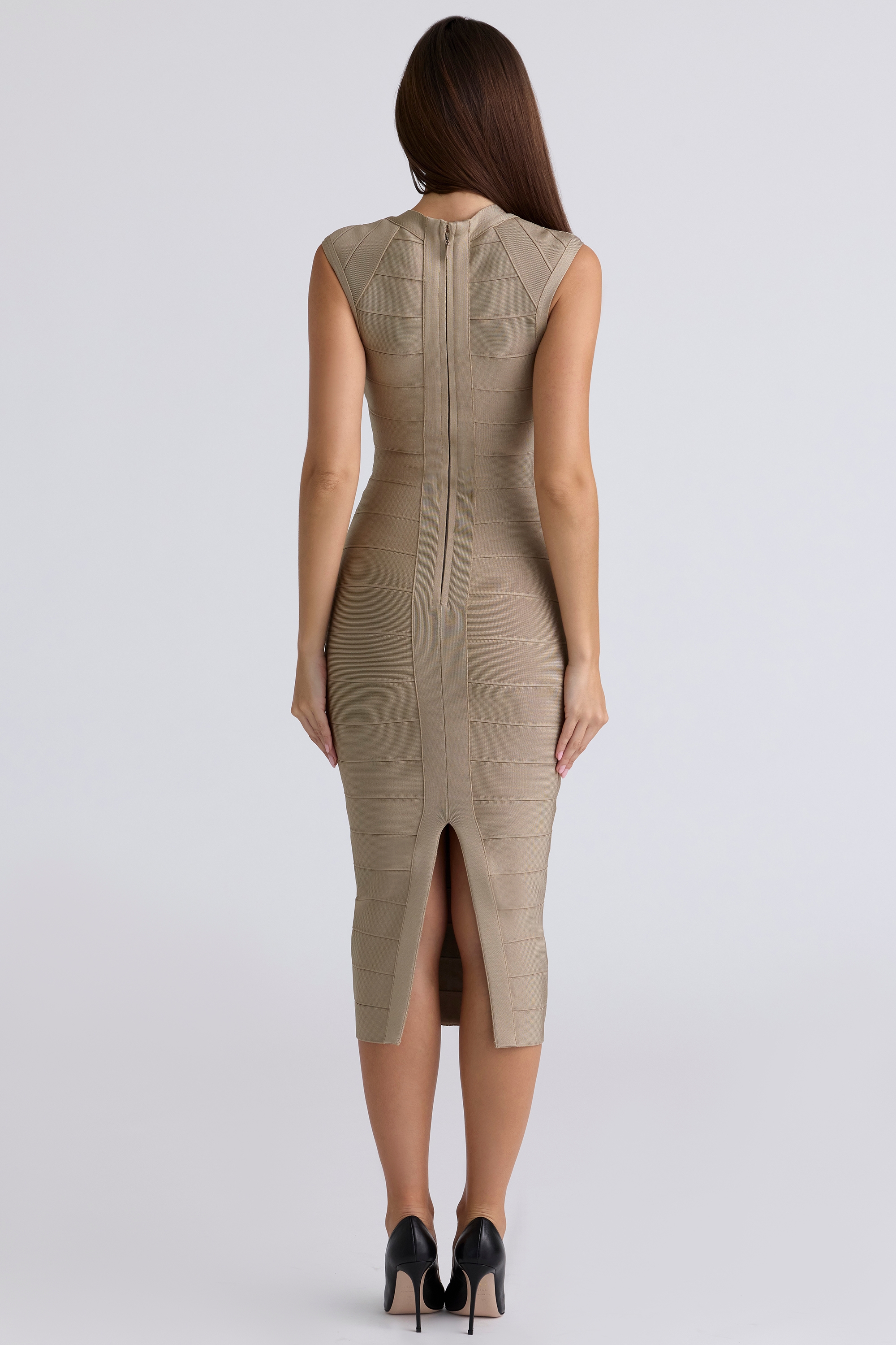 The Icon-Taupe Stretch Bandage Midi Dress
