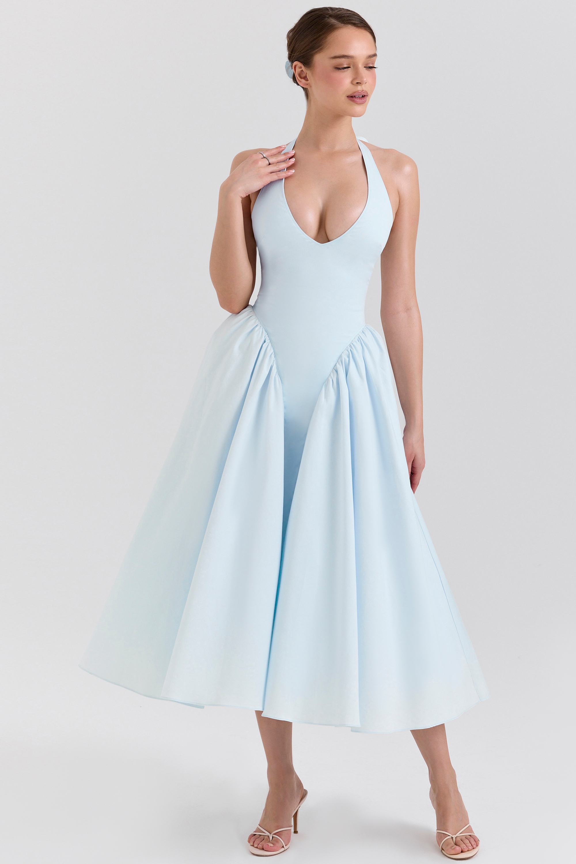 Marilyn-Soft Blue Cotton Twill Halter Midi Sundress
