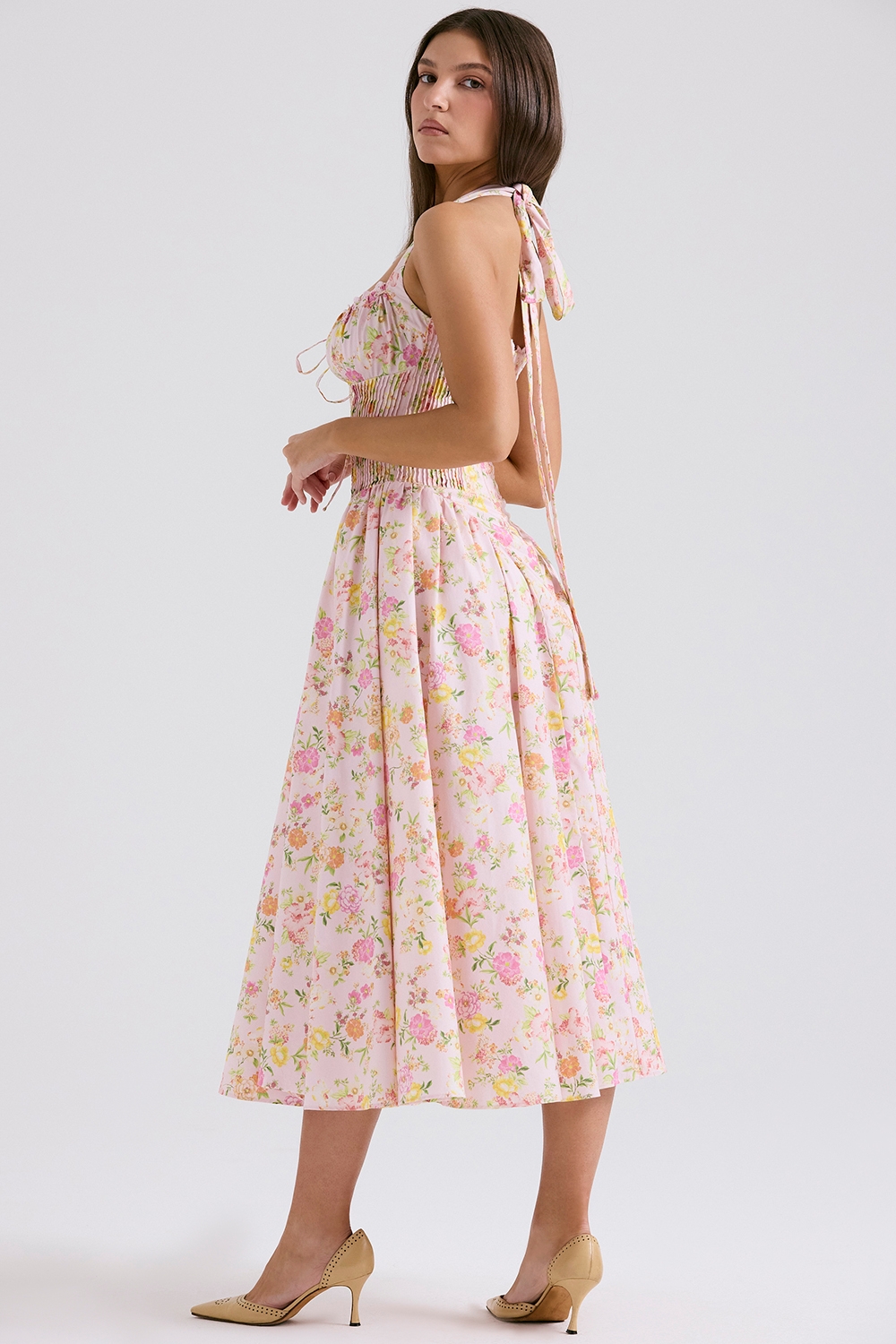 Adabella-Pink Meadow Print Cotton Halter Midi Sundress