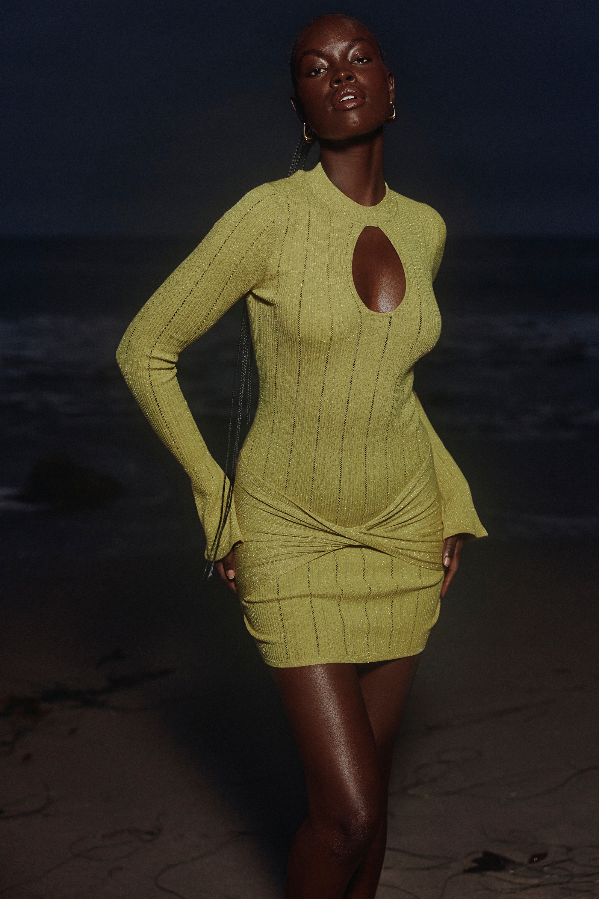 Aziza-Pistachio Light Knit Long Sleeve Mini Dress