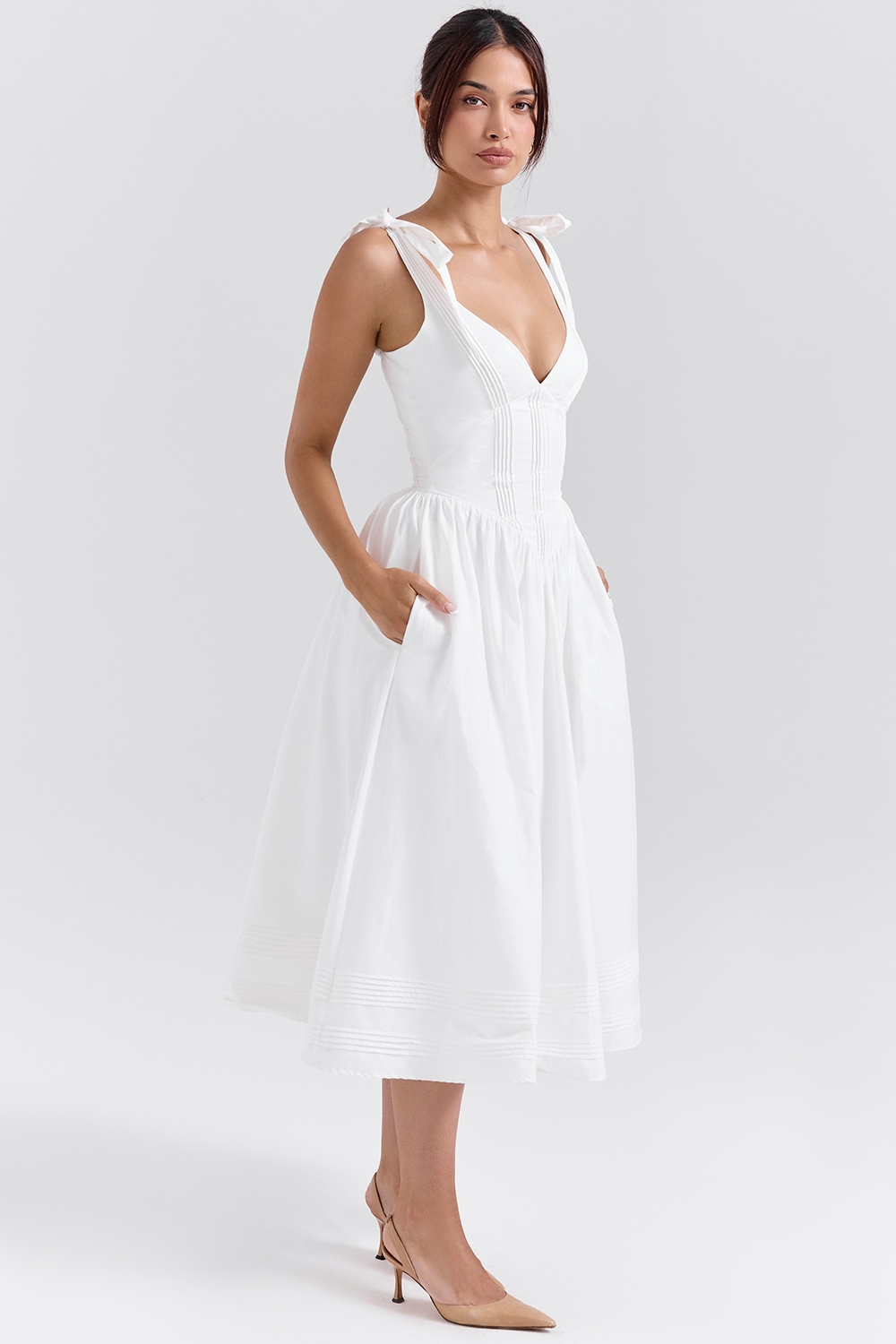 Hattie-White Pin Tuck Cotton Midi Sundress