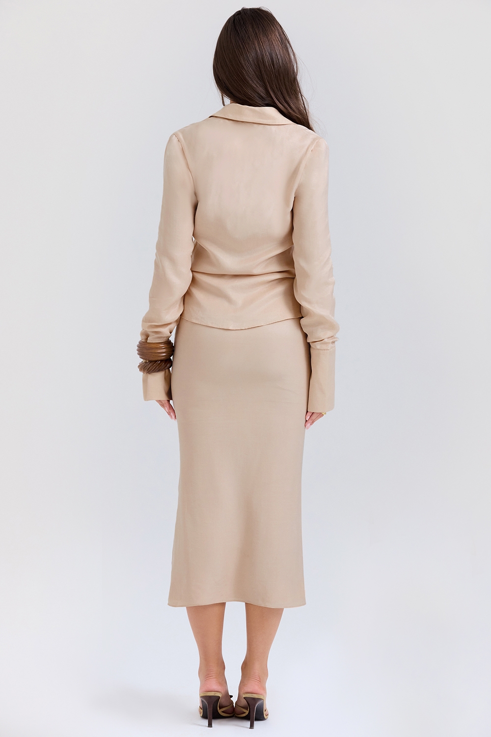 Nevaeh-Almond Plunge Shirt Midi Dress