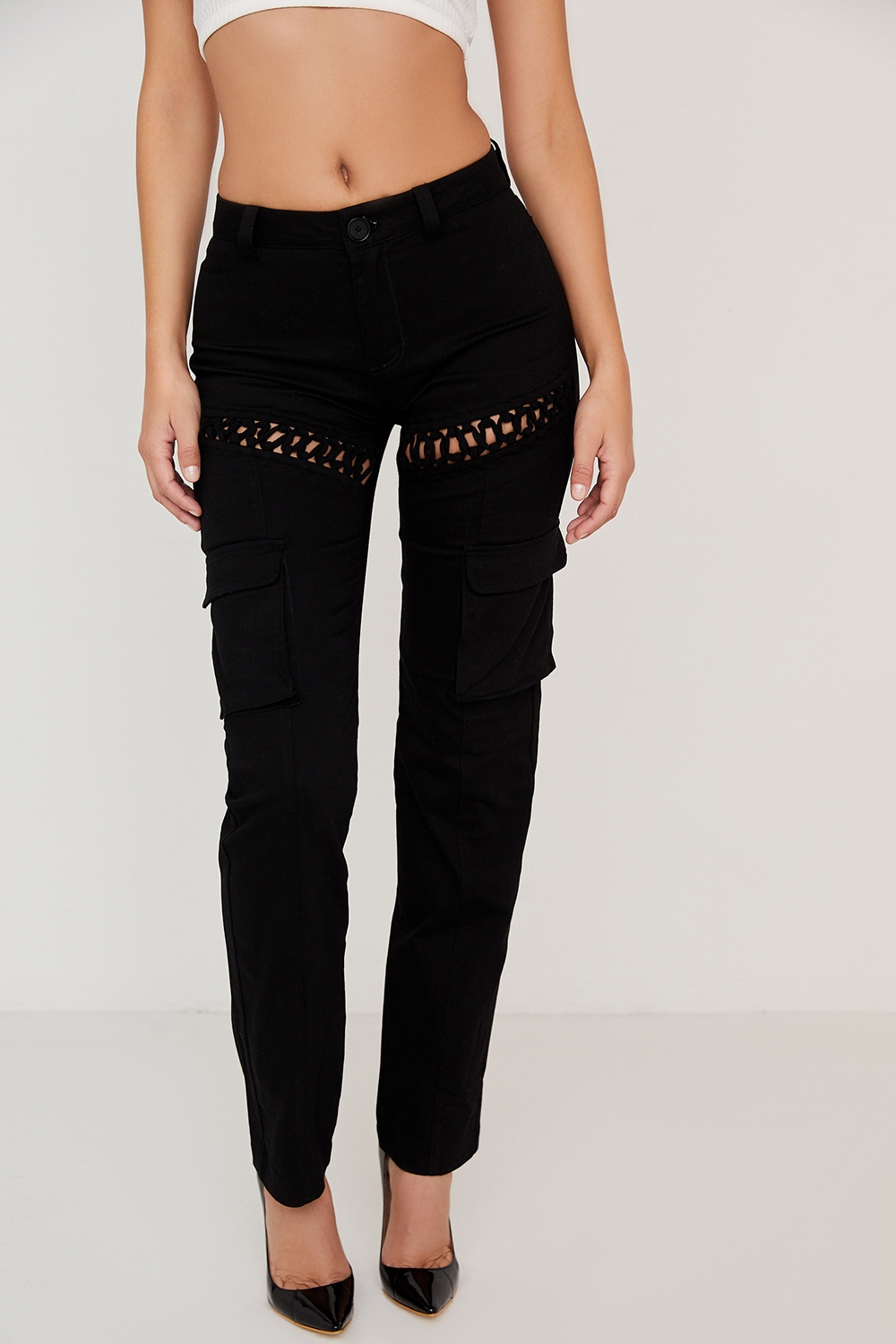 Breanna-Black Lace Up Cargo Trousers
