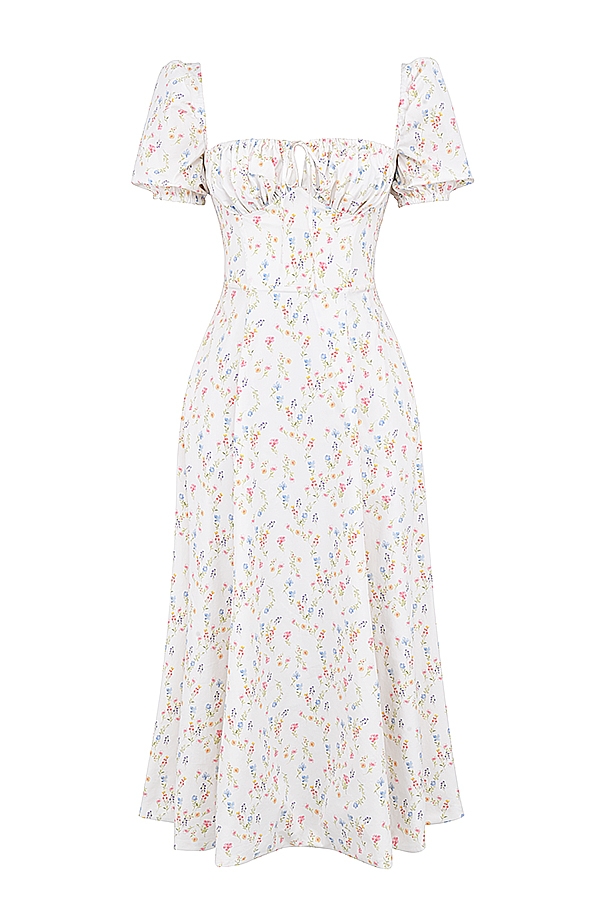 Tallulah-White Posy Print Cotton Puff Sleeve Midi Sundress