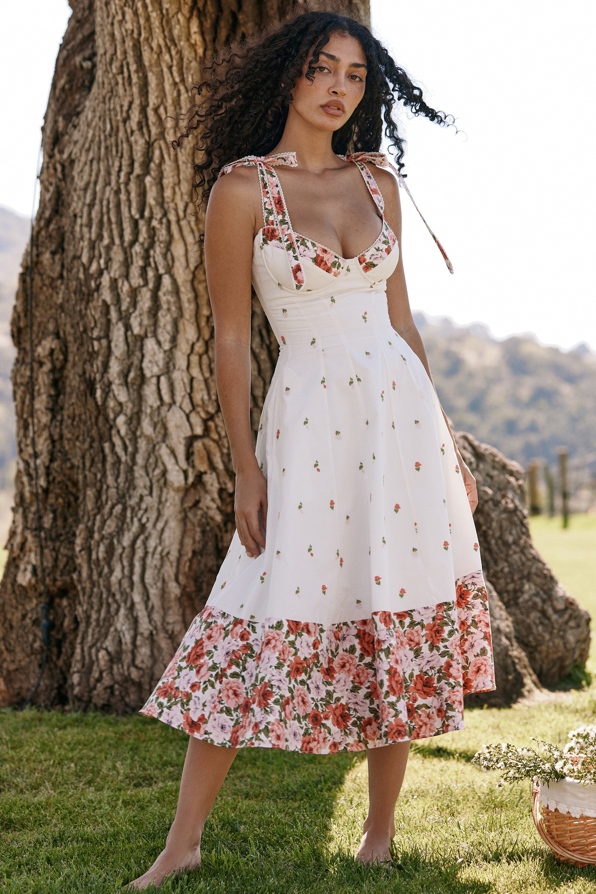 Emely-White Floral Print Stretch Cotton Midi Sundress
