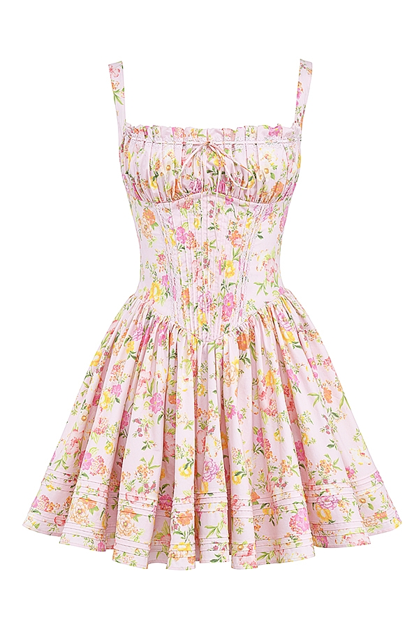 Natassia-Pink Meadow Print Cotton Mini Dress