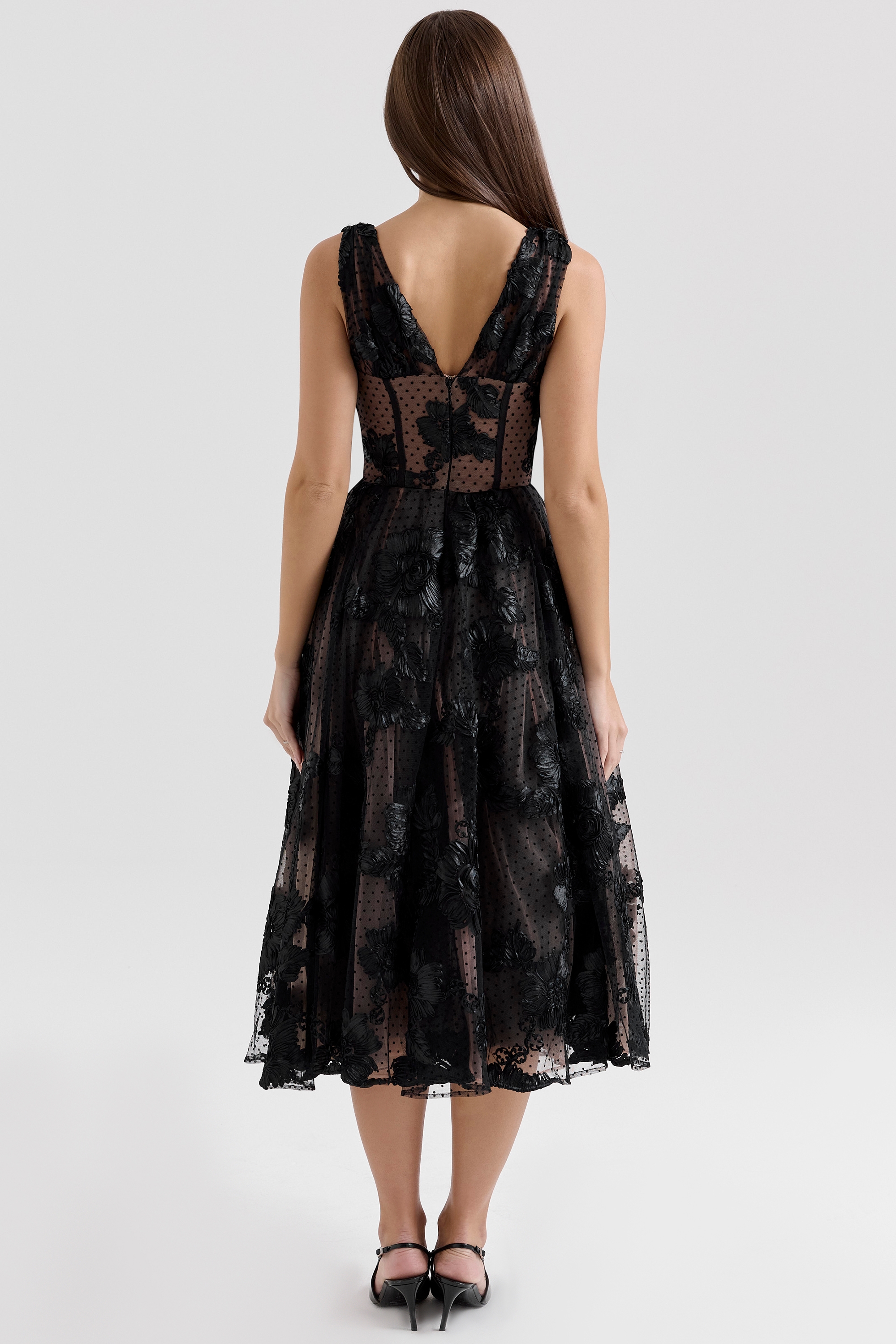 Sianna-Black Embroidered Tulle Corset Midi Dress