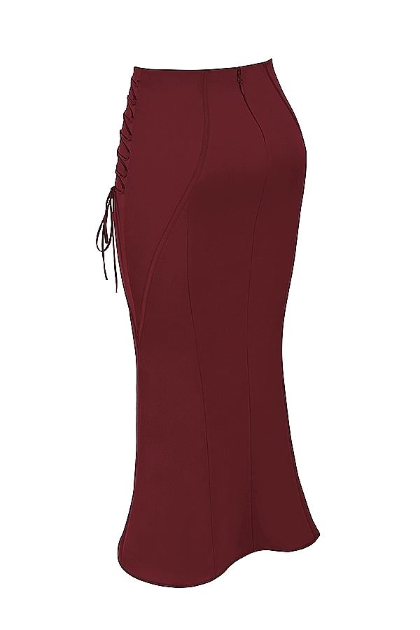 Sidonie-Wine Satin Lace Up Midi Skirt