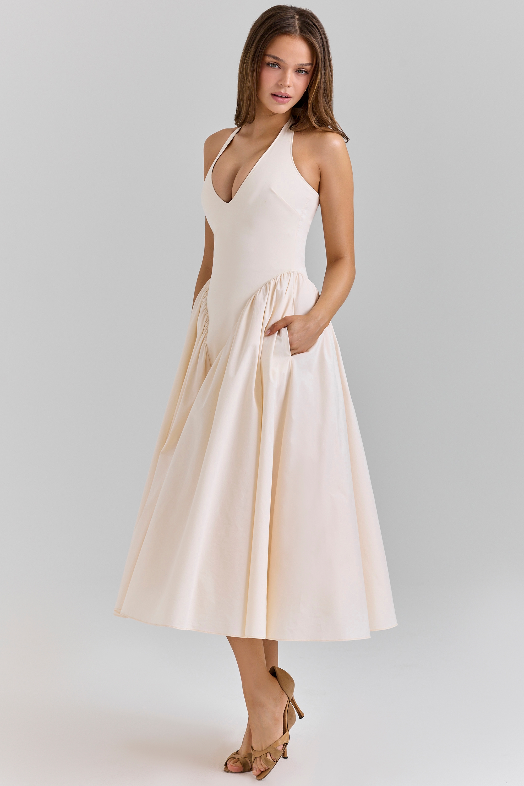 Marilyn-Ecru Stretch Cotton Midi Sundress