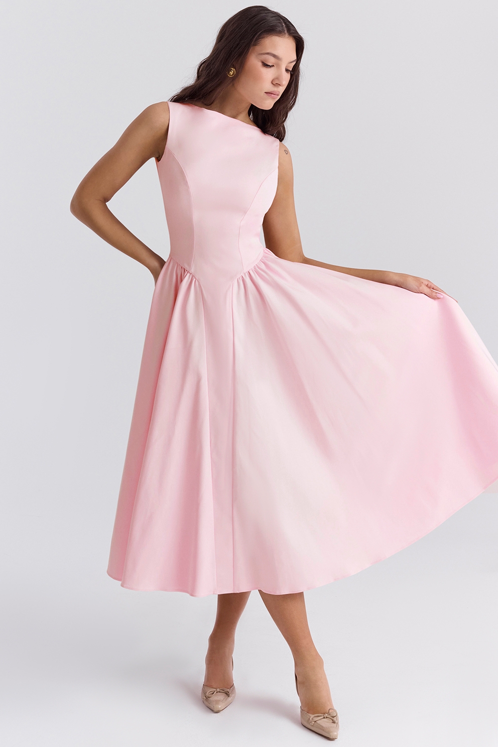 Cindy-Ballerina Pink Twill Midi Sundress