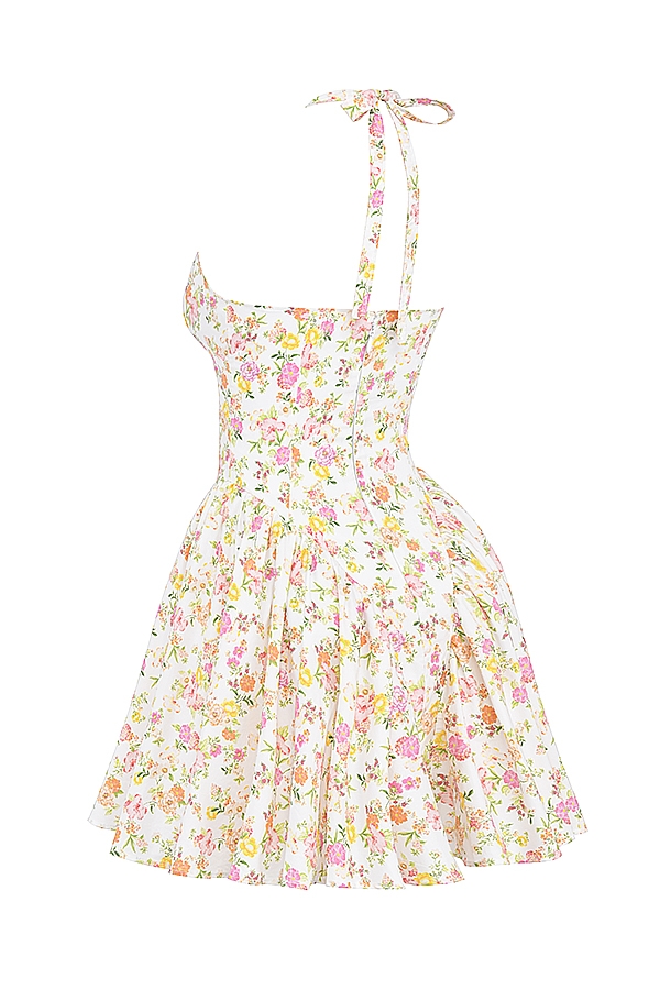 Valentia-Ivory Meadow Print Cotton Halter Mini Dress