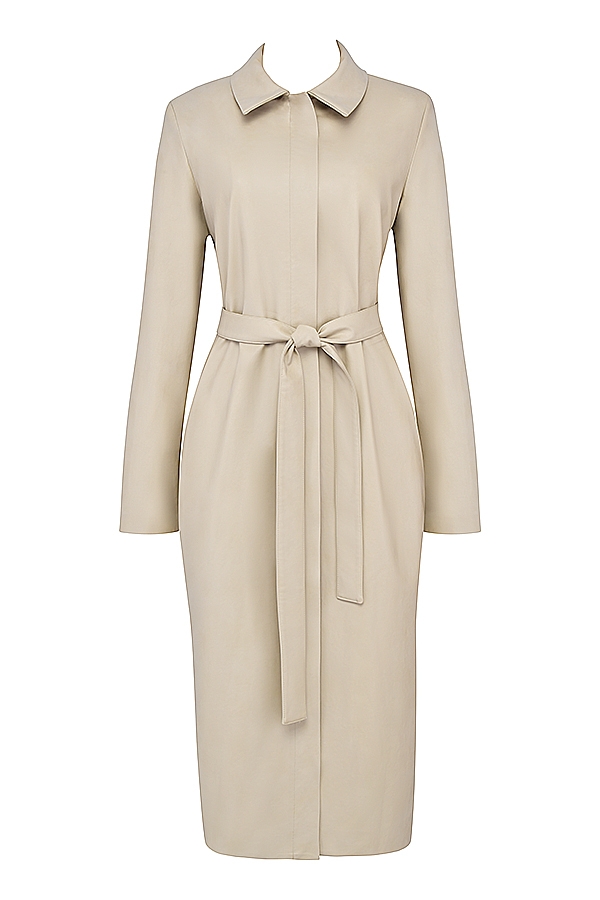 Ariel-Beige Vegan Leather Trench Coat