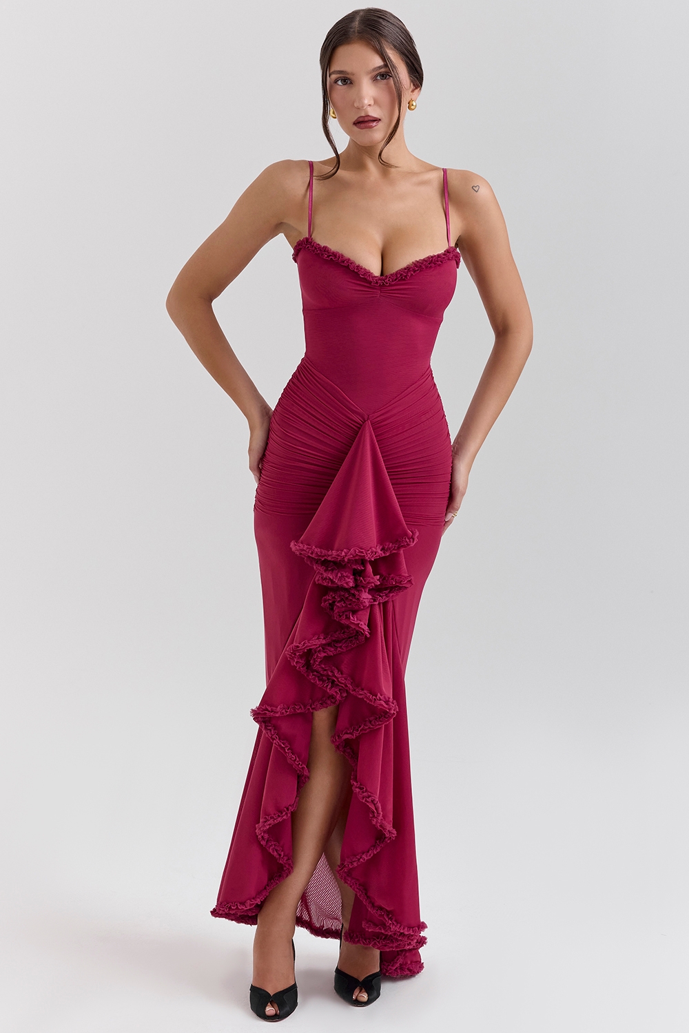 Gabbi-Wine Ruffled Front Gown