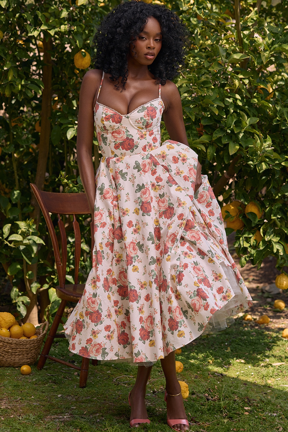 Mademoiselle-Italian Rose Print Tulle Midi Dress