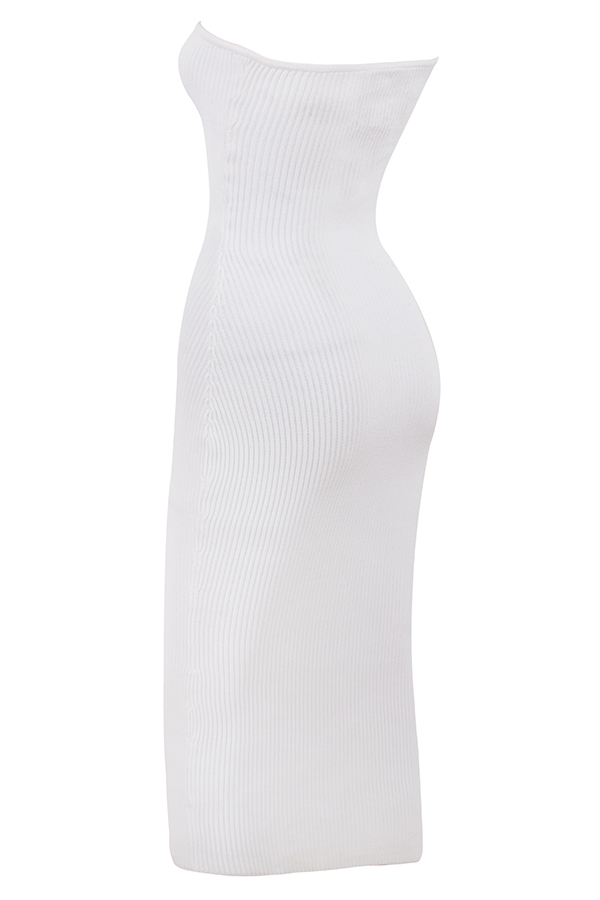 Oriana-White Ribbed Knit Strapless Midi Dress