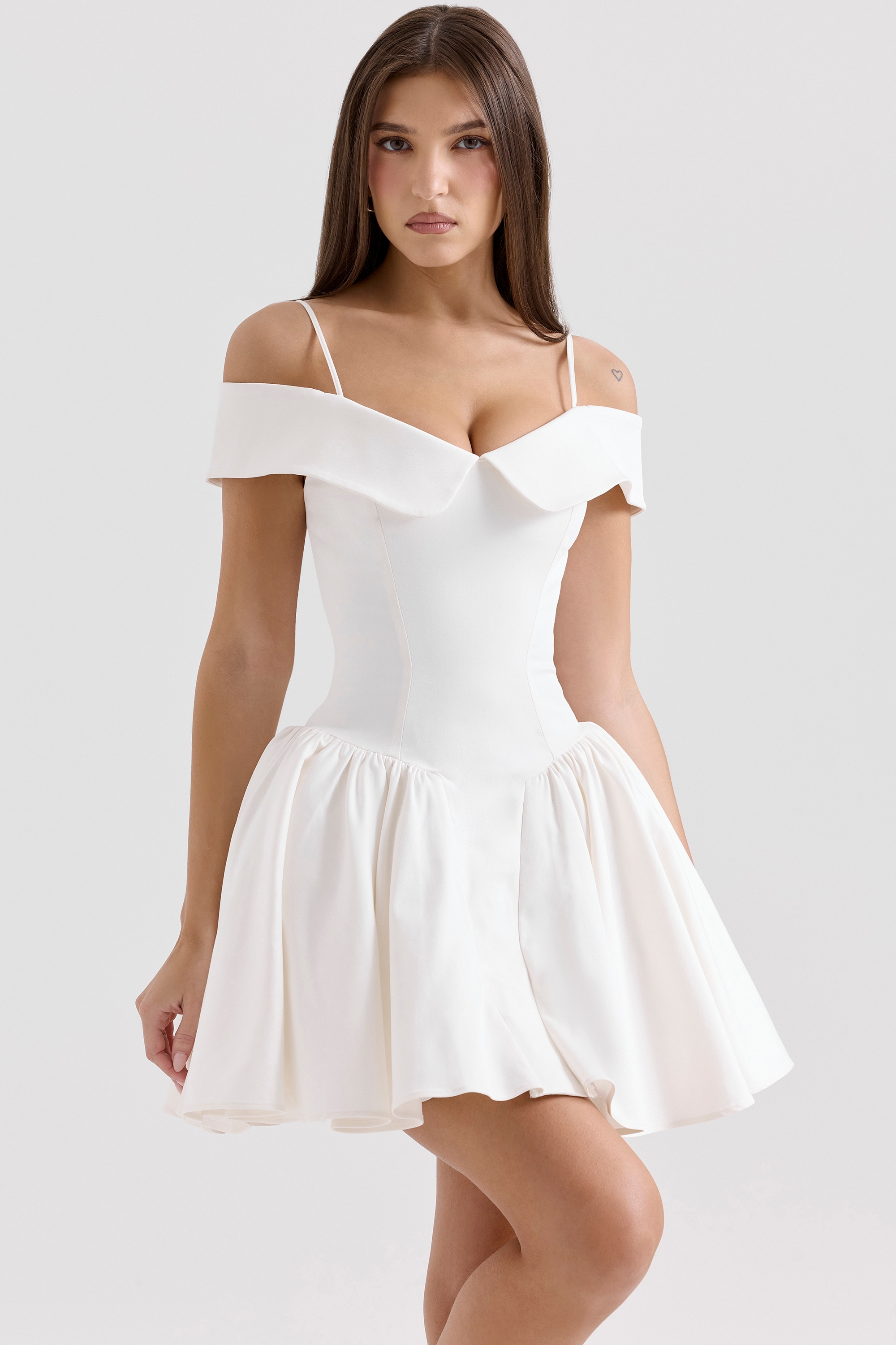 Elida-White Twill Off Shoulder Mini Dress