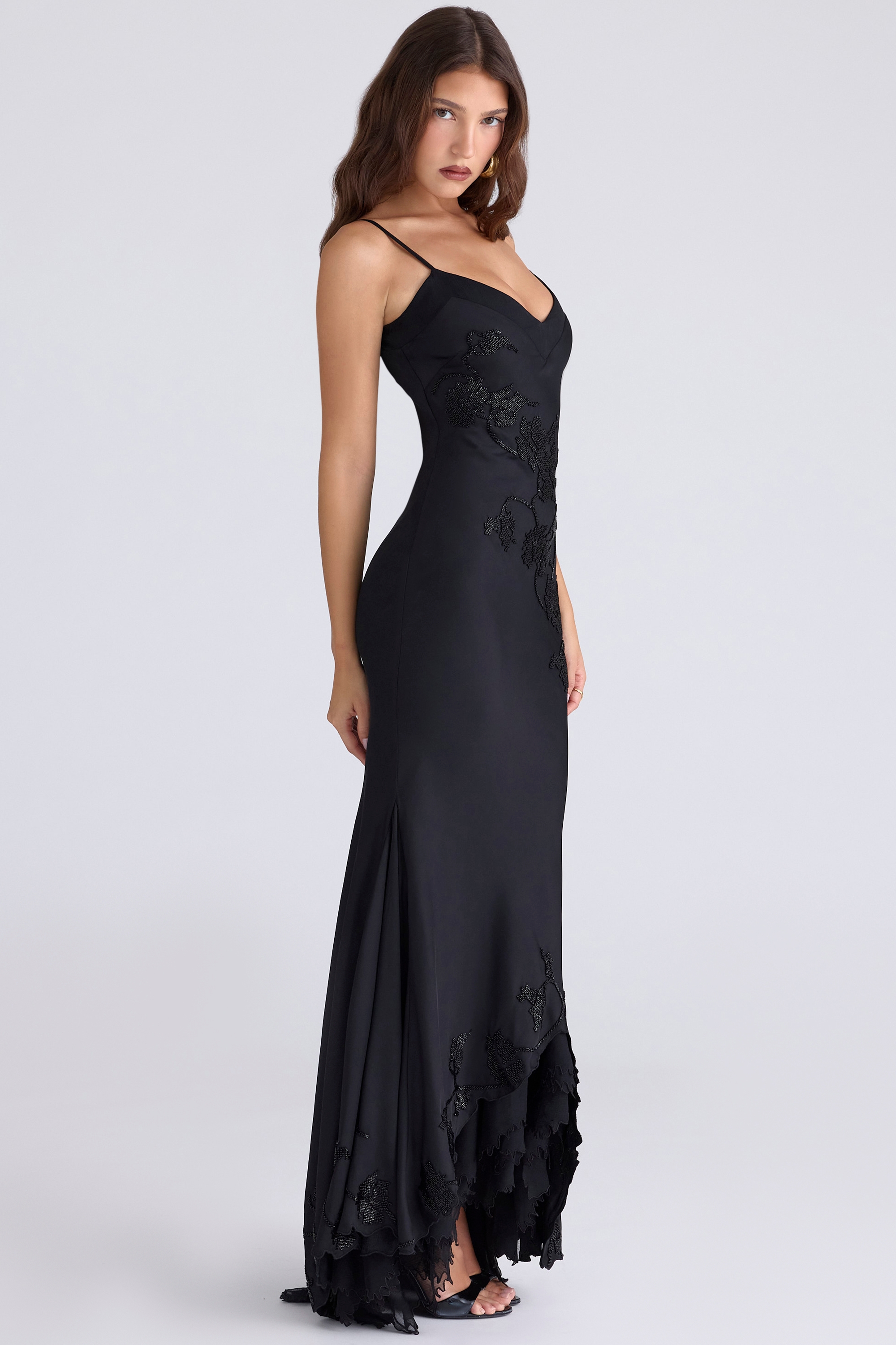 Anastelle-Black Hand Beaded Embellished Satin Maxi Dress - Limited Edition