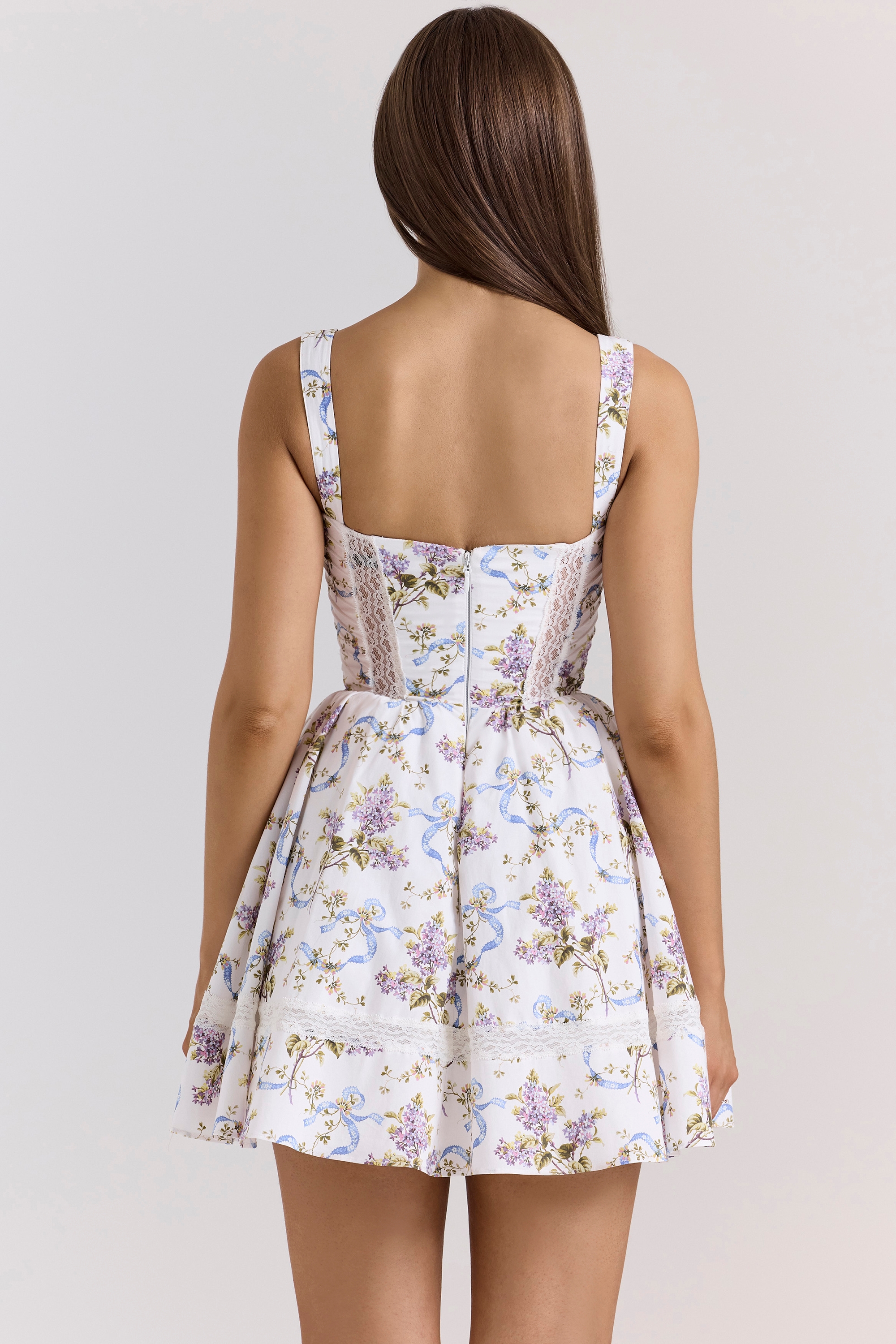 Kimmie-White Floral Ribbon Print Cotton Mini Dress