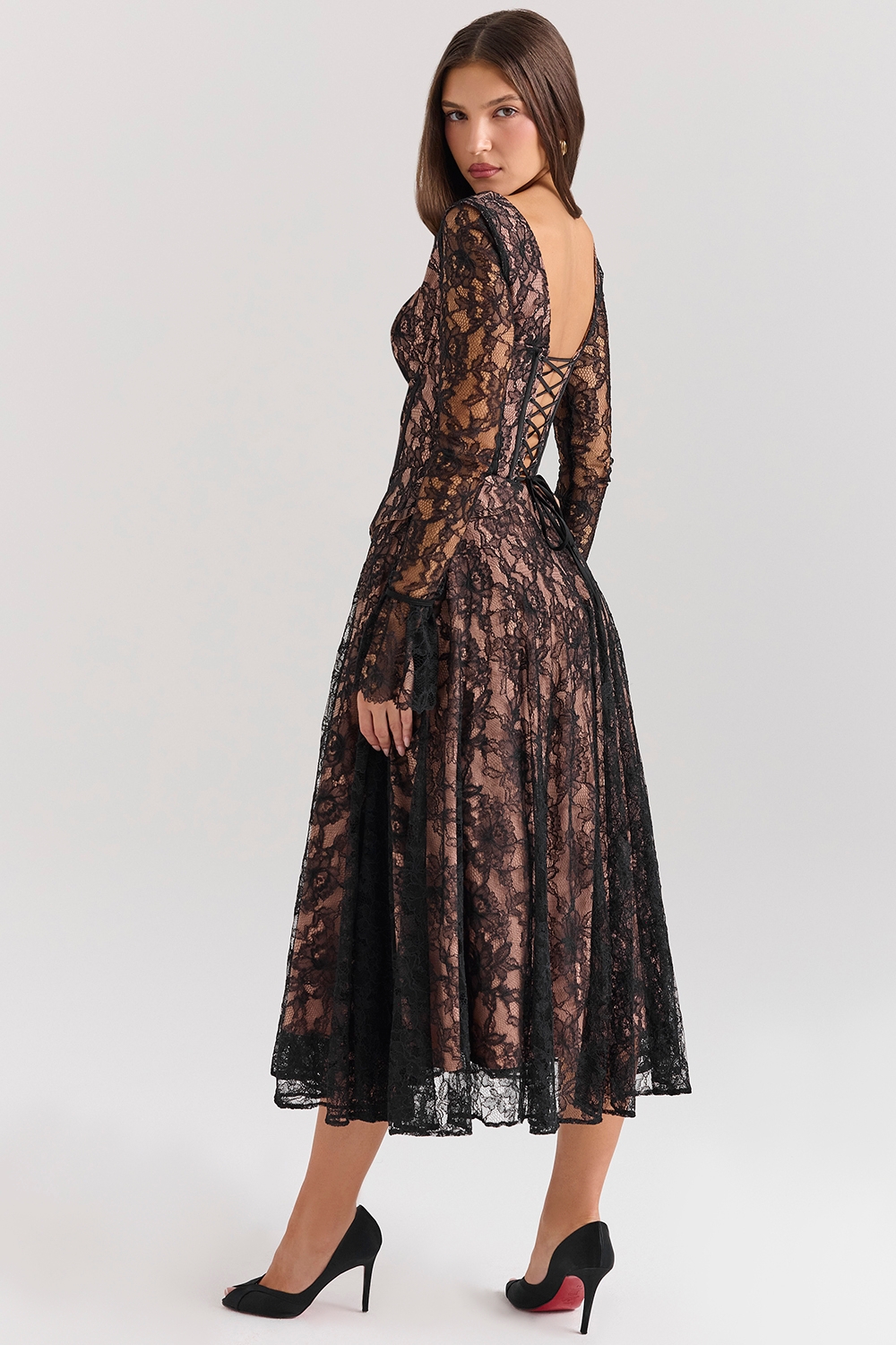 Raquel-Black Lace Corset Midi Dress - SALE