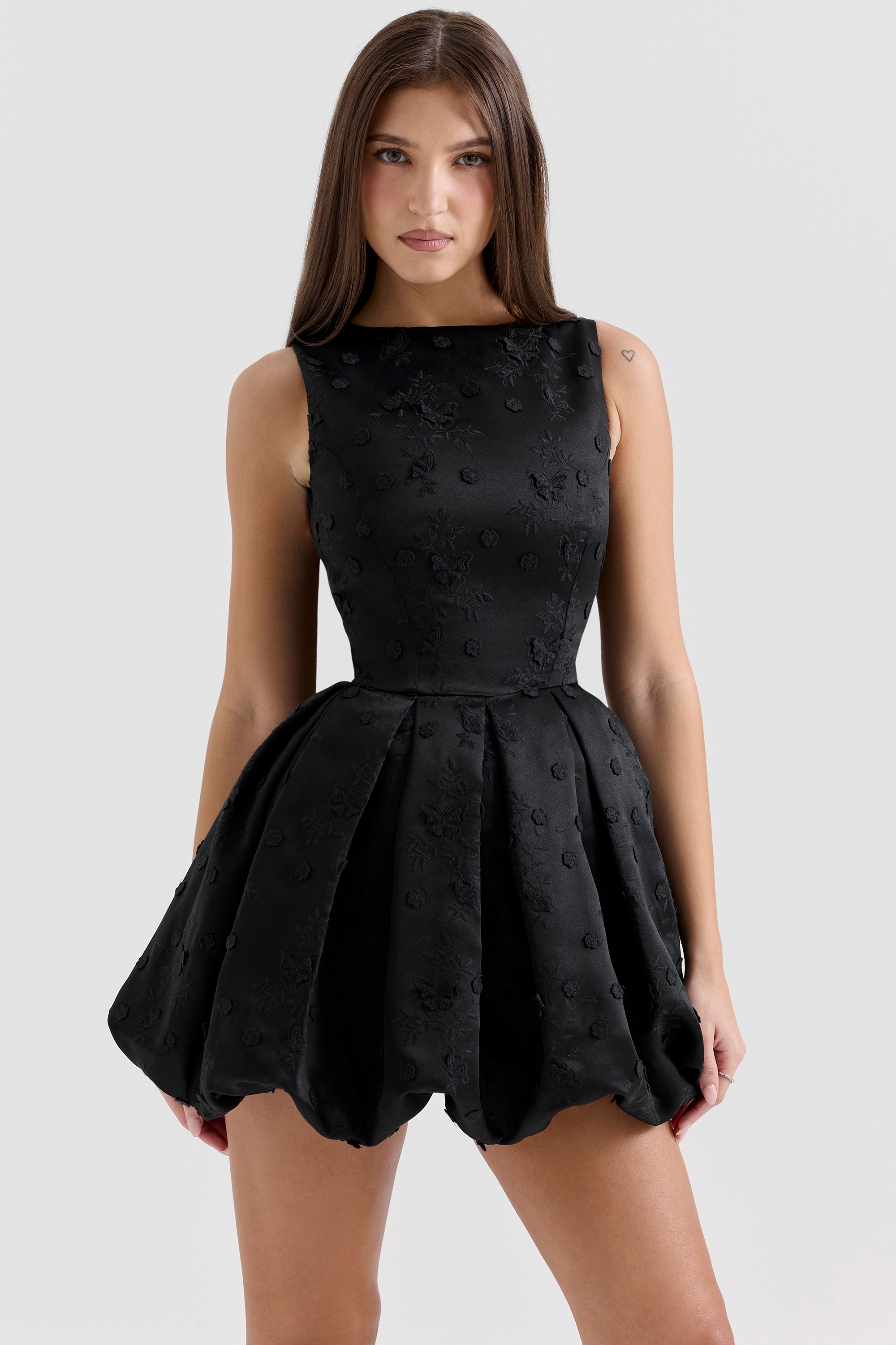 Melika-Black Backless Embroidered Mini Puffball Dress