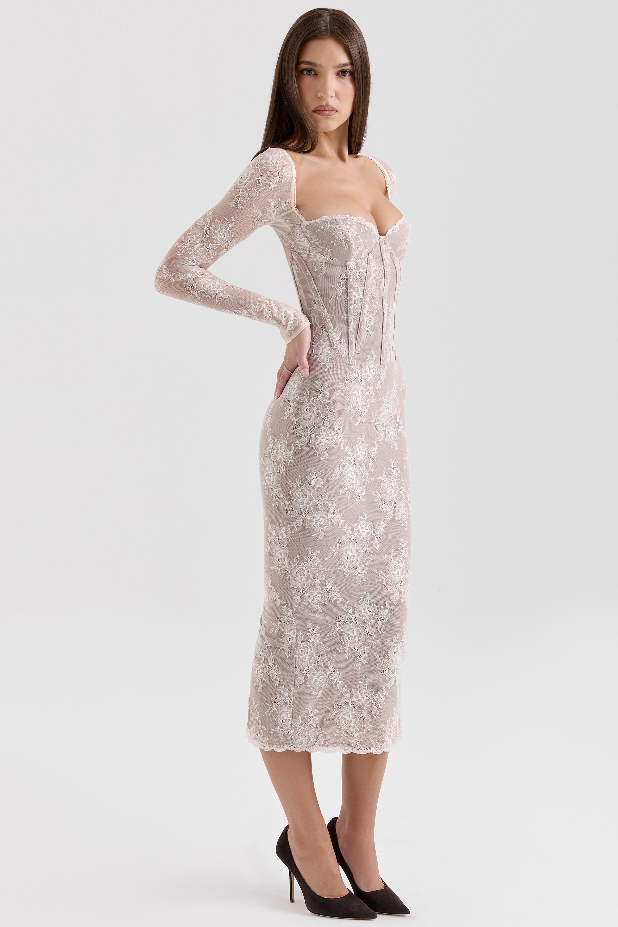 Saisha-Ivory Lace Long Sleeve Midi Dress