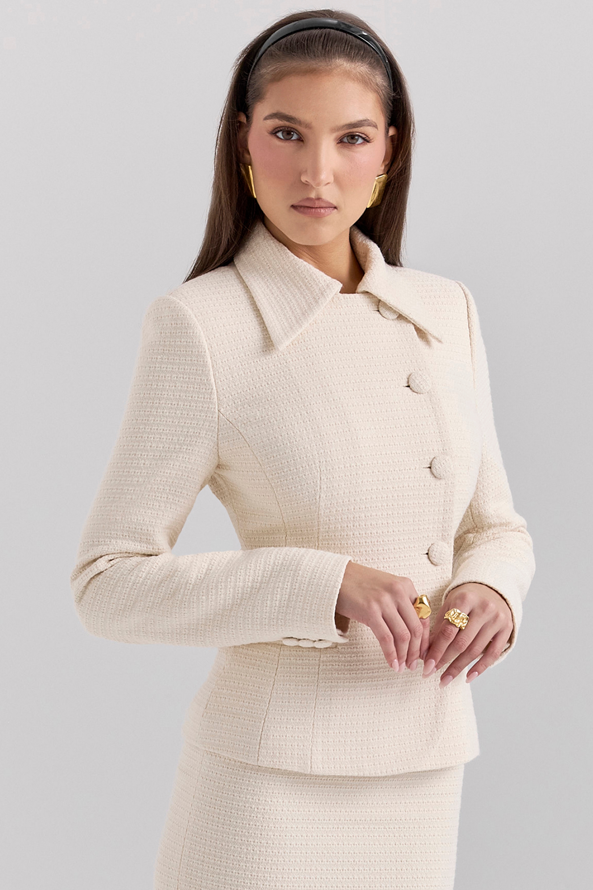 Misha-Cream Boucle Button Front Blazer