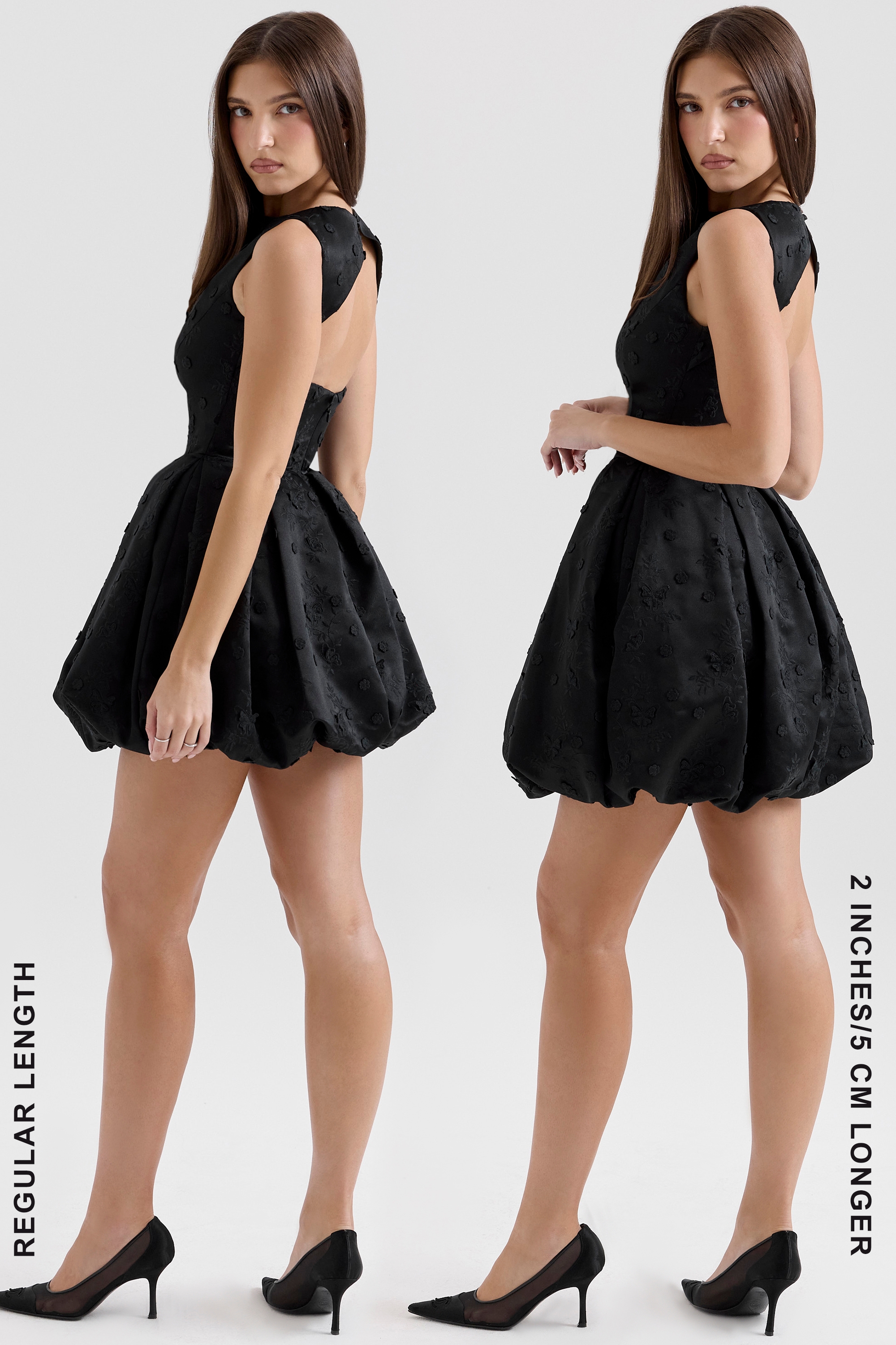 Melika-Black Backless Embroidered Mini Puffball Dress