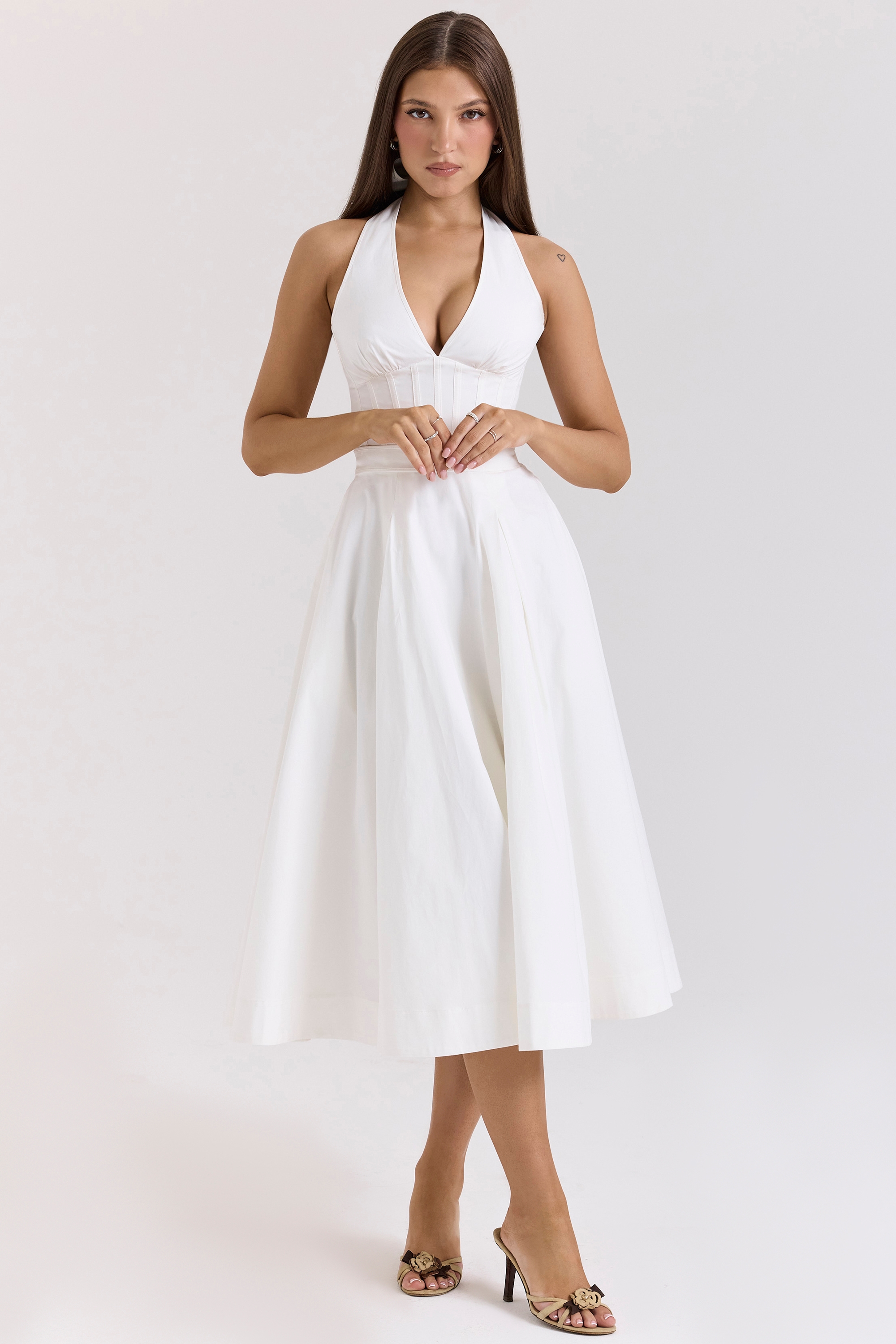 Allena-White Stretch Cotton Halter Midi Sundress