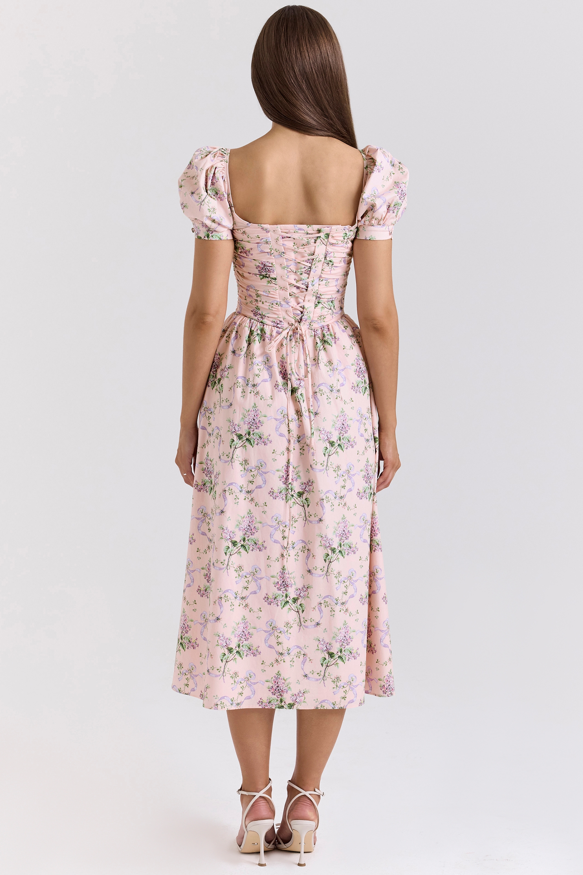 Lulabell-Pink Ribbon Print Cotton Midi Dress