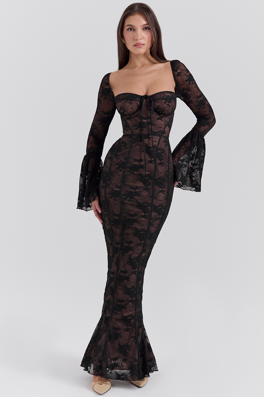 Delilah-Black Long Sleeve Lace Maxi Dress
