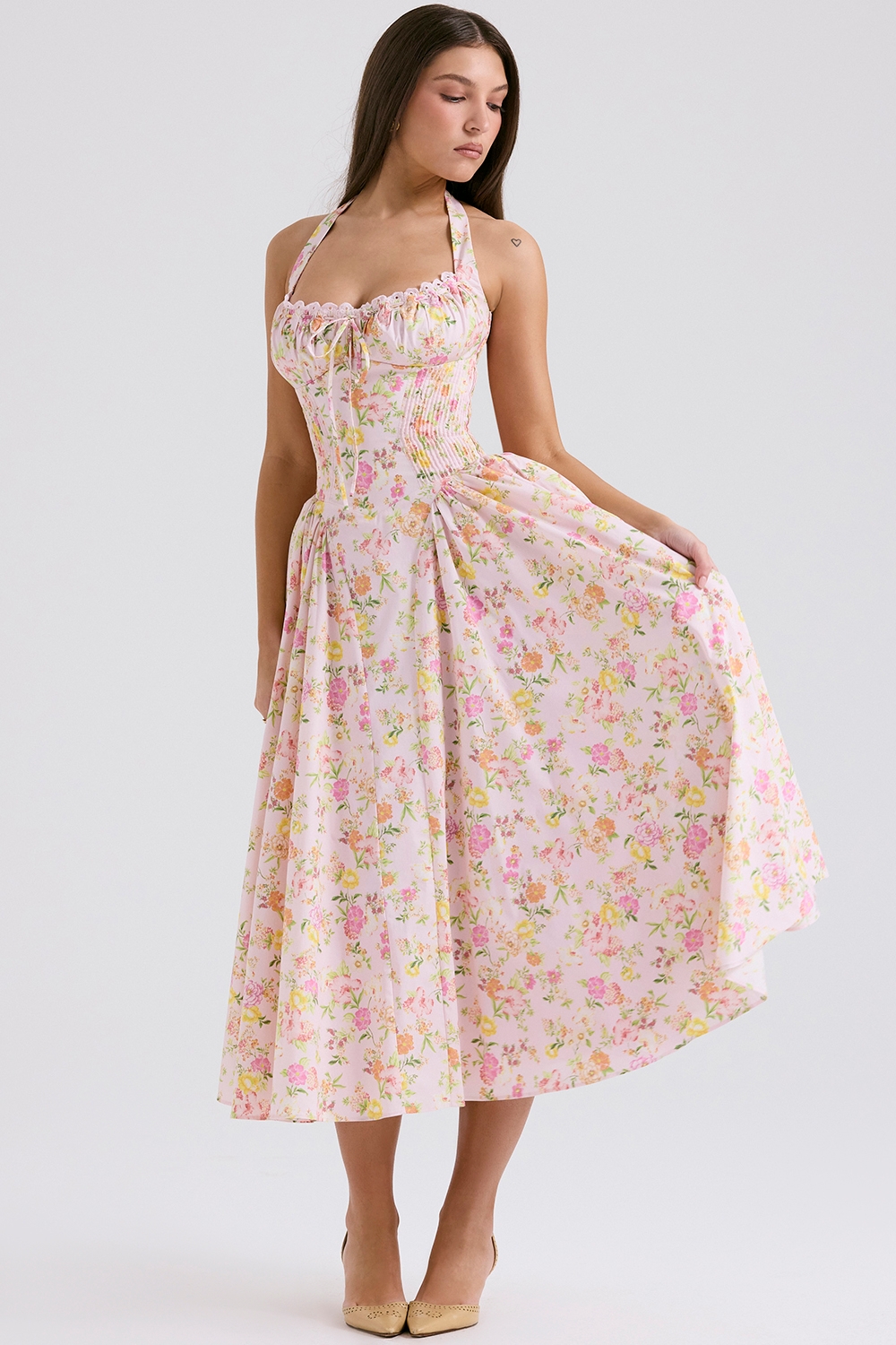 Adabella-Pink Meadow Print Cotton Halter Midi Sundress