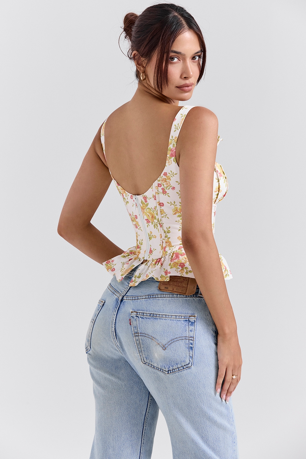 Gigou-Royal Rose Print Peplum Cotton Corset