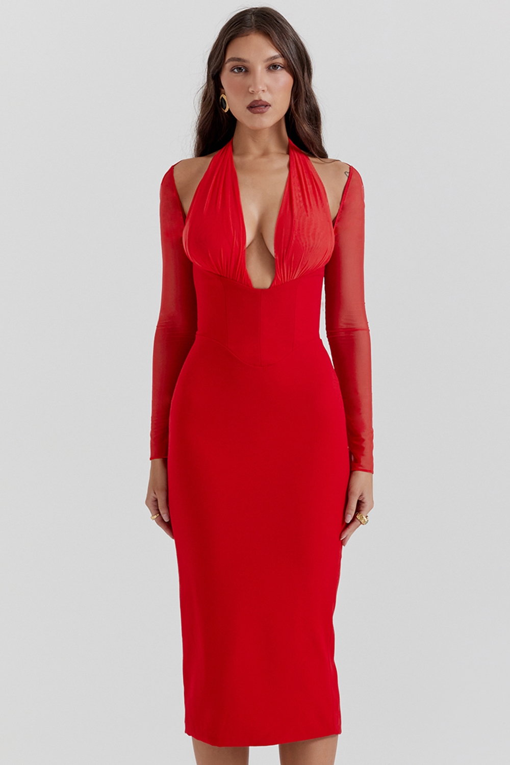Yasmin-Scarlet Plunge Midi Dress