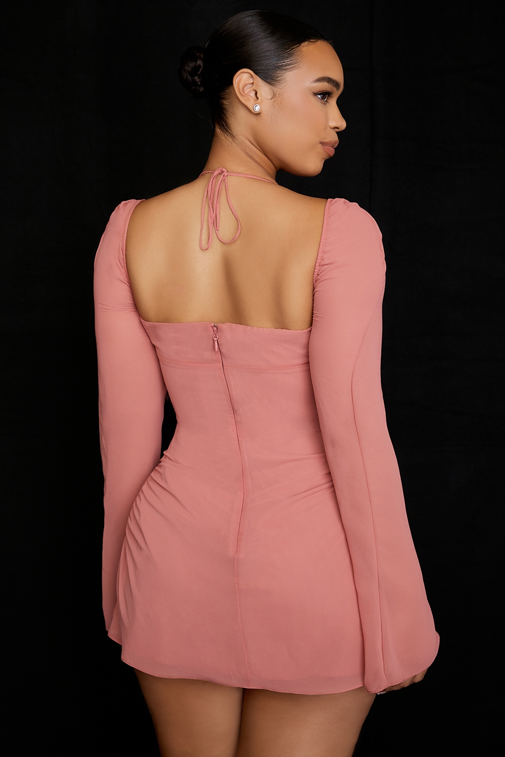 Baby-Pink Chiffon Cutout Halter Mini Dress