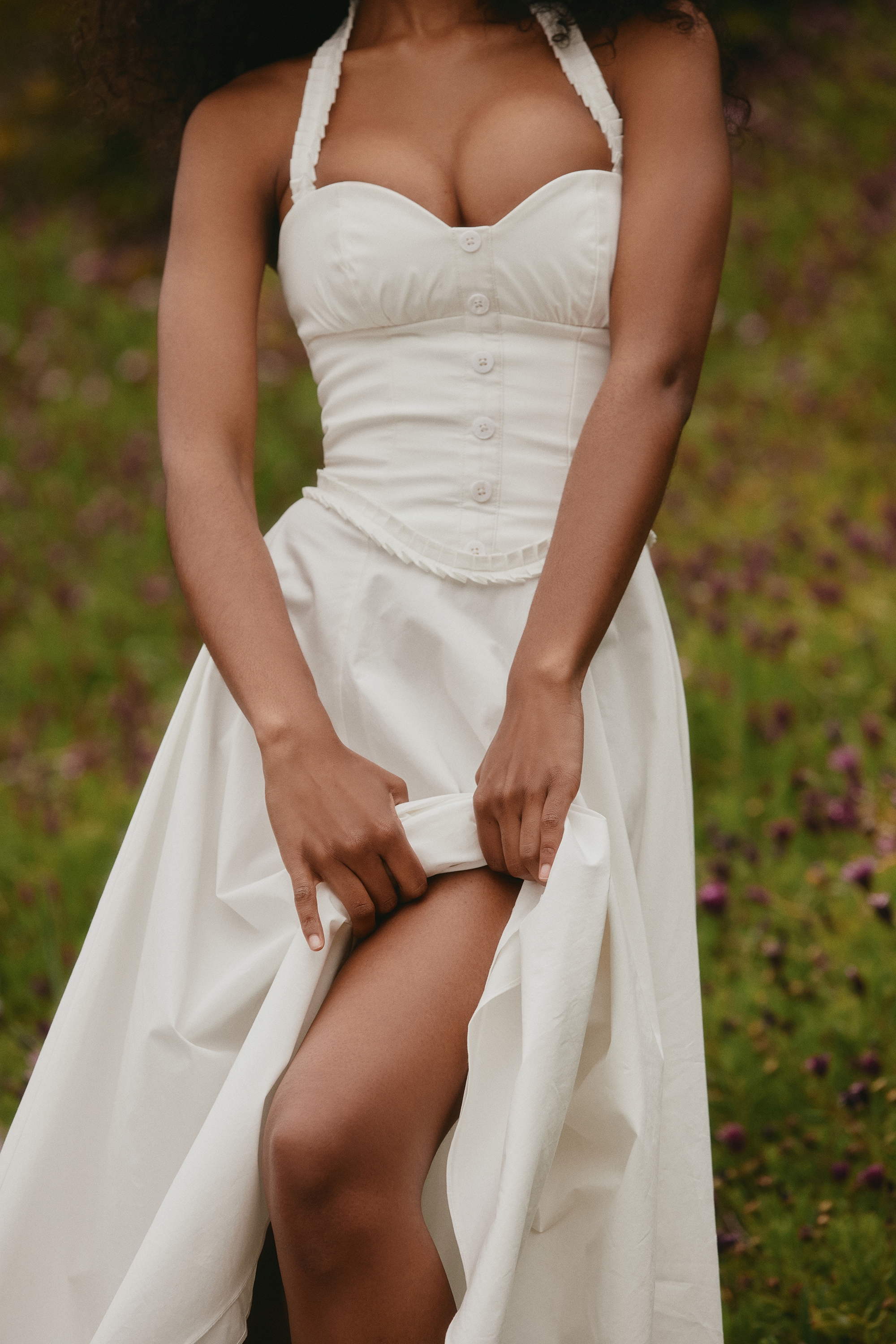 Georgie-White Stretch Cotton Halter Neck Midi Dress