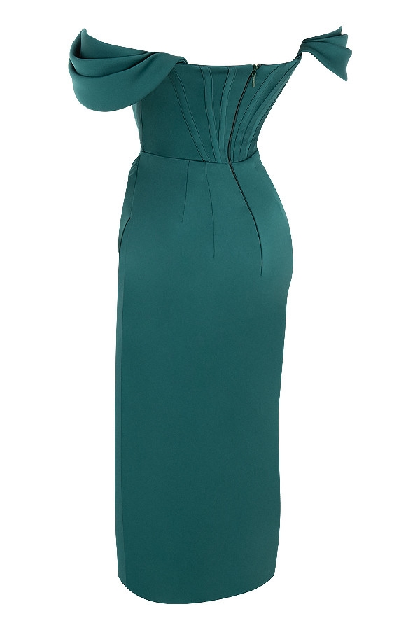 Loretta-Emerald Green Satin Off Shoulder Dress