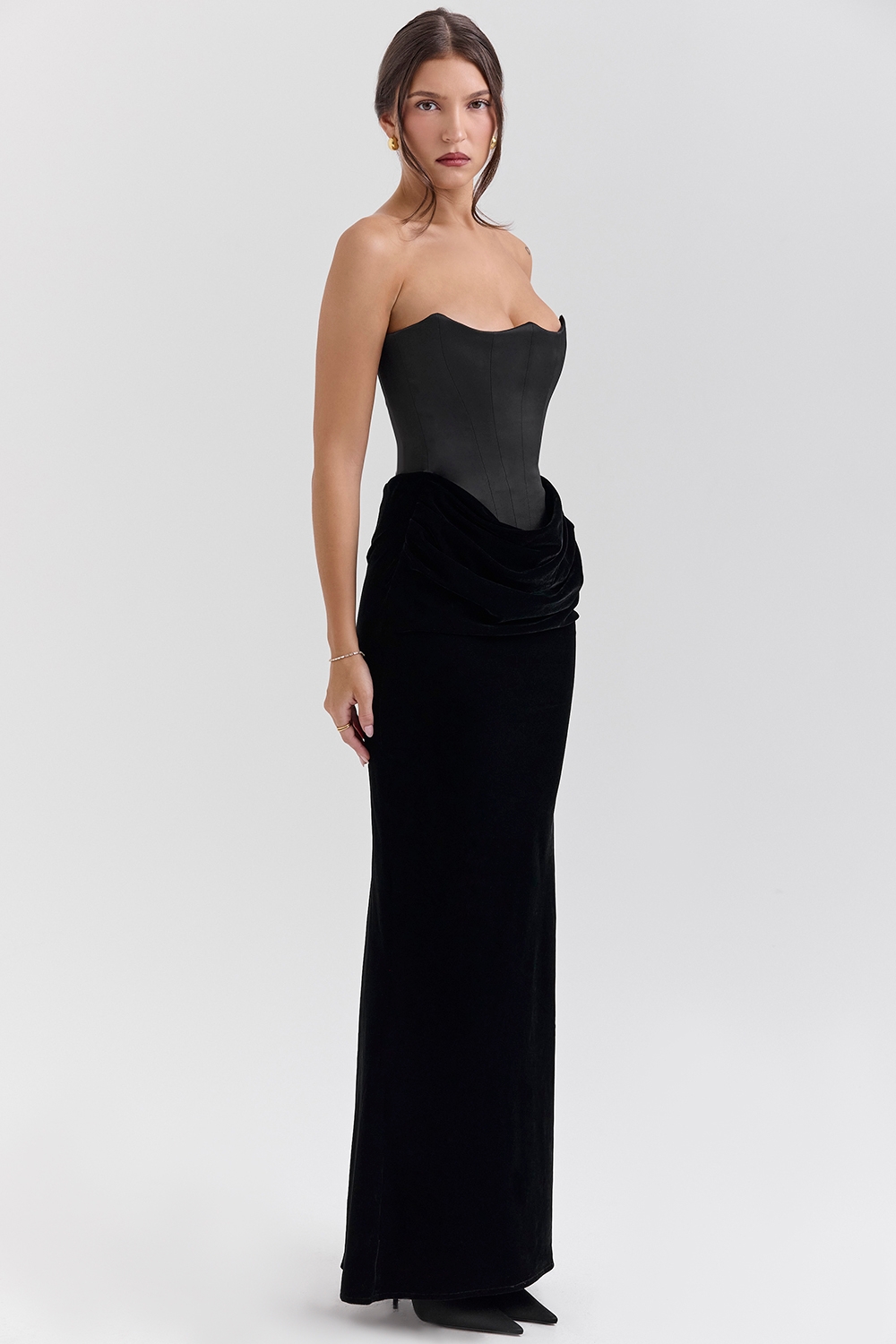 Persephone-Black Velvet Strapless Corset Maxi Dress