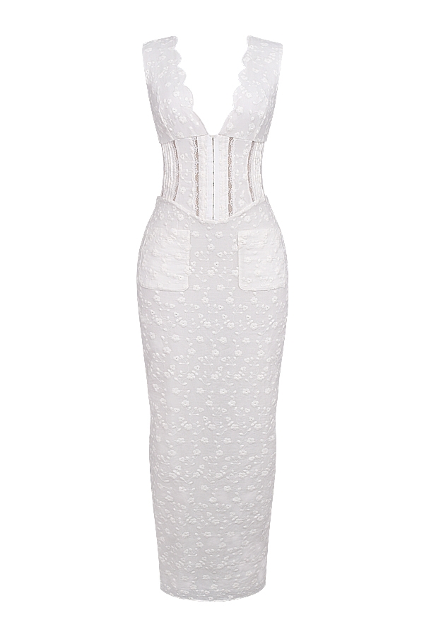 Sophina-White Cotton Broderie Anglais Plunge Maxi Dress