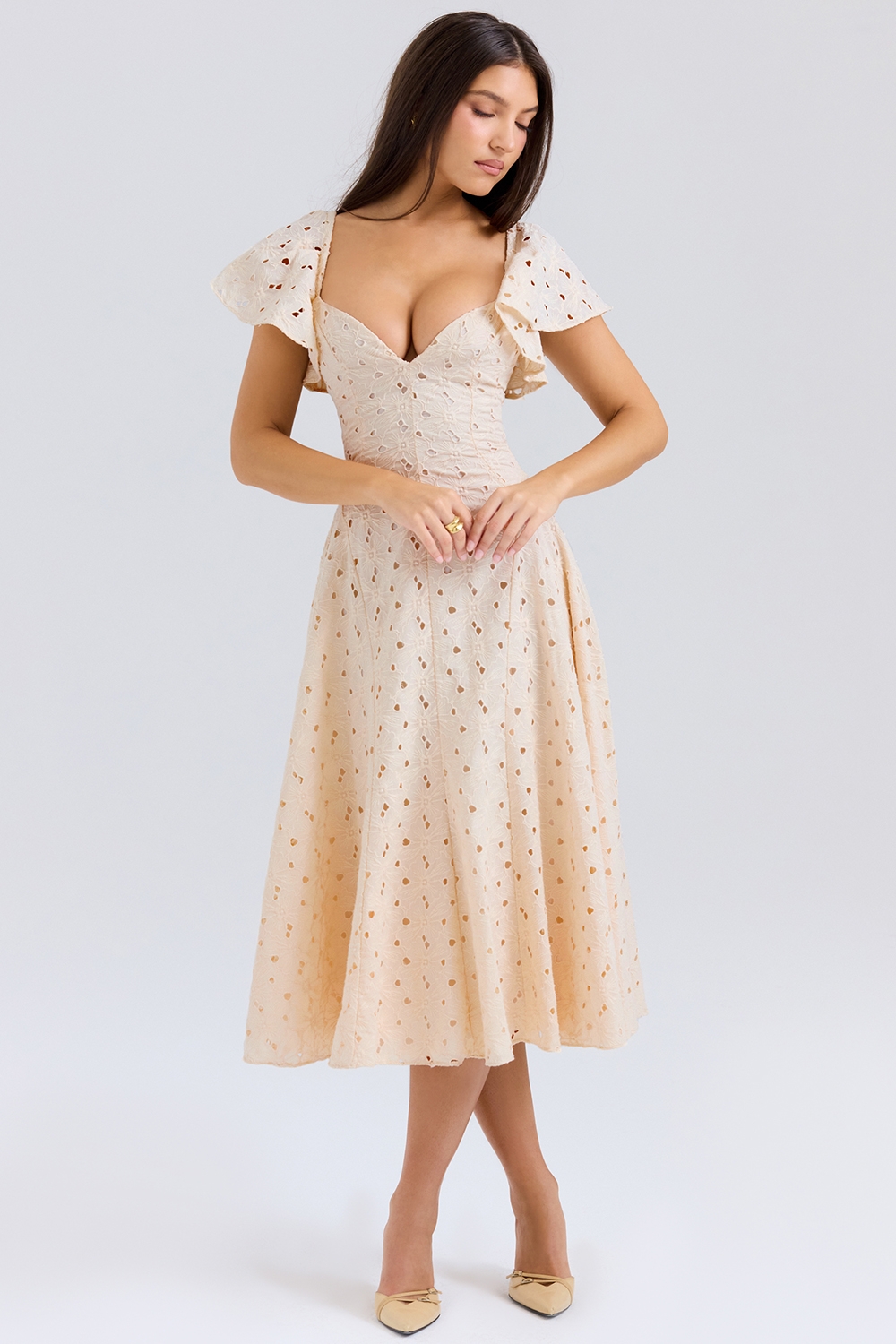 Amaya-Cream Tea Broderie Anglais Midi Dress