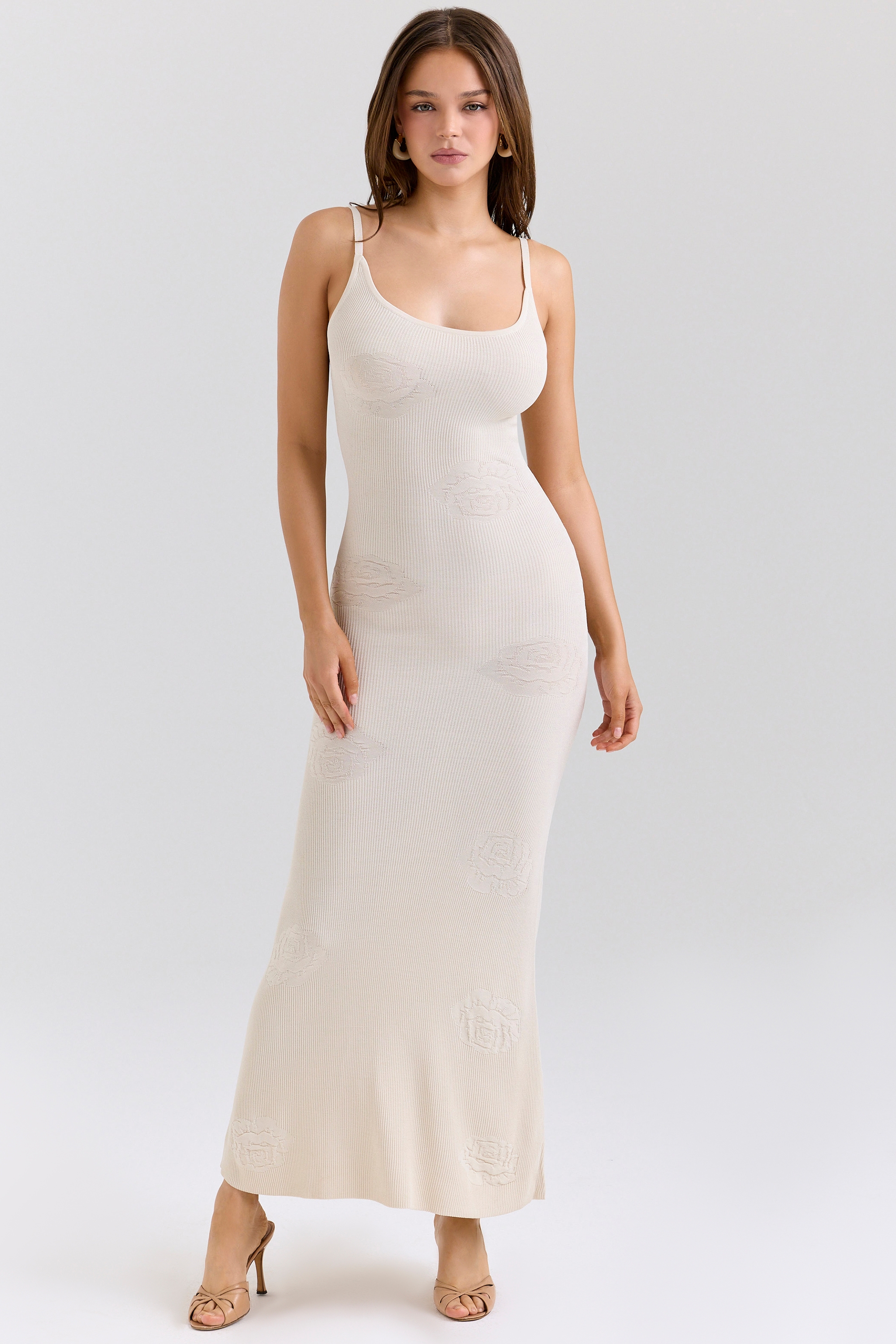 Dara-Ecru Knit Rose Embroidered Maxi Dress