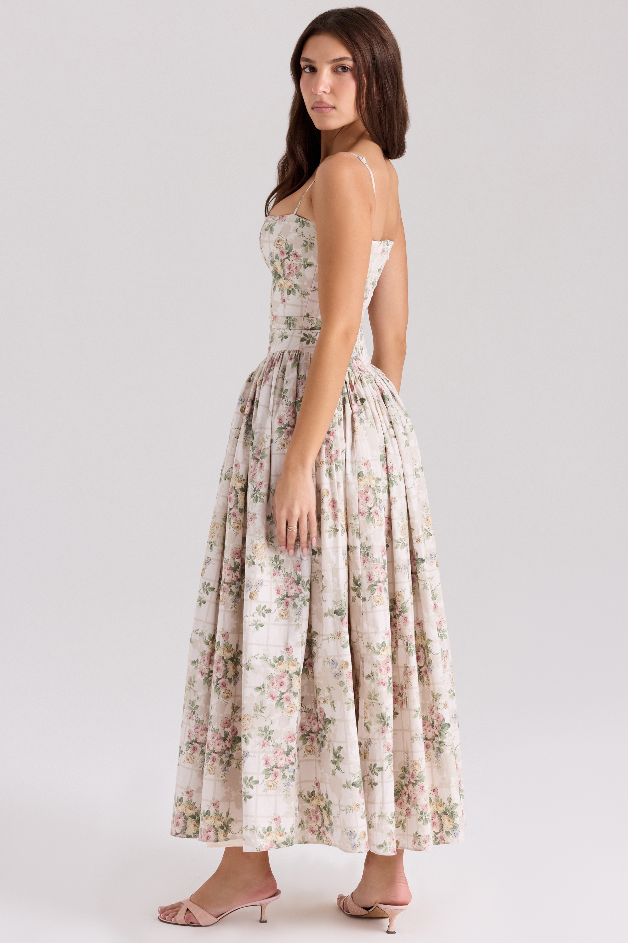 Ysabella-Cream Floral Print Cotton Midi Sundress