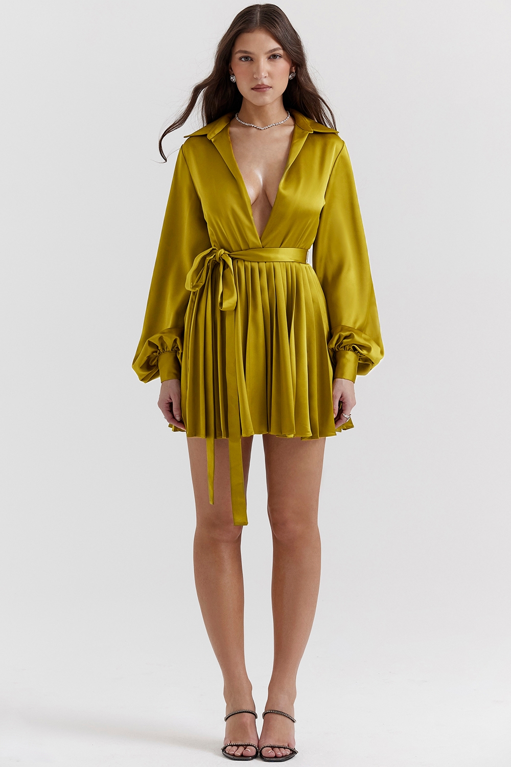 Allegra-Chartreuse Pleated Shirt Dress