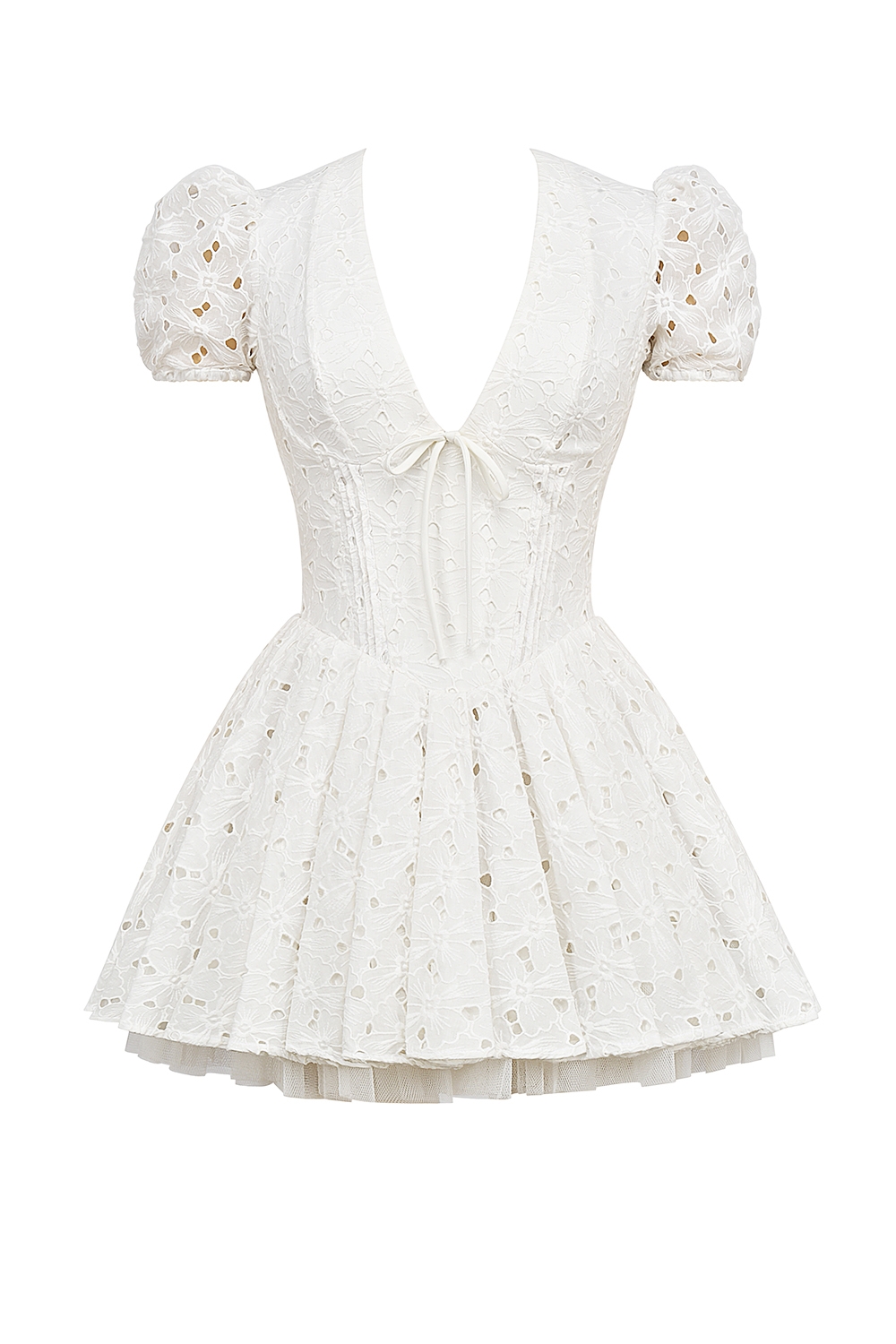 Imani-White Pleated Broderie Anglais Mini Dress