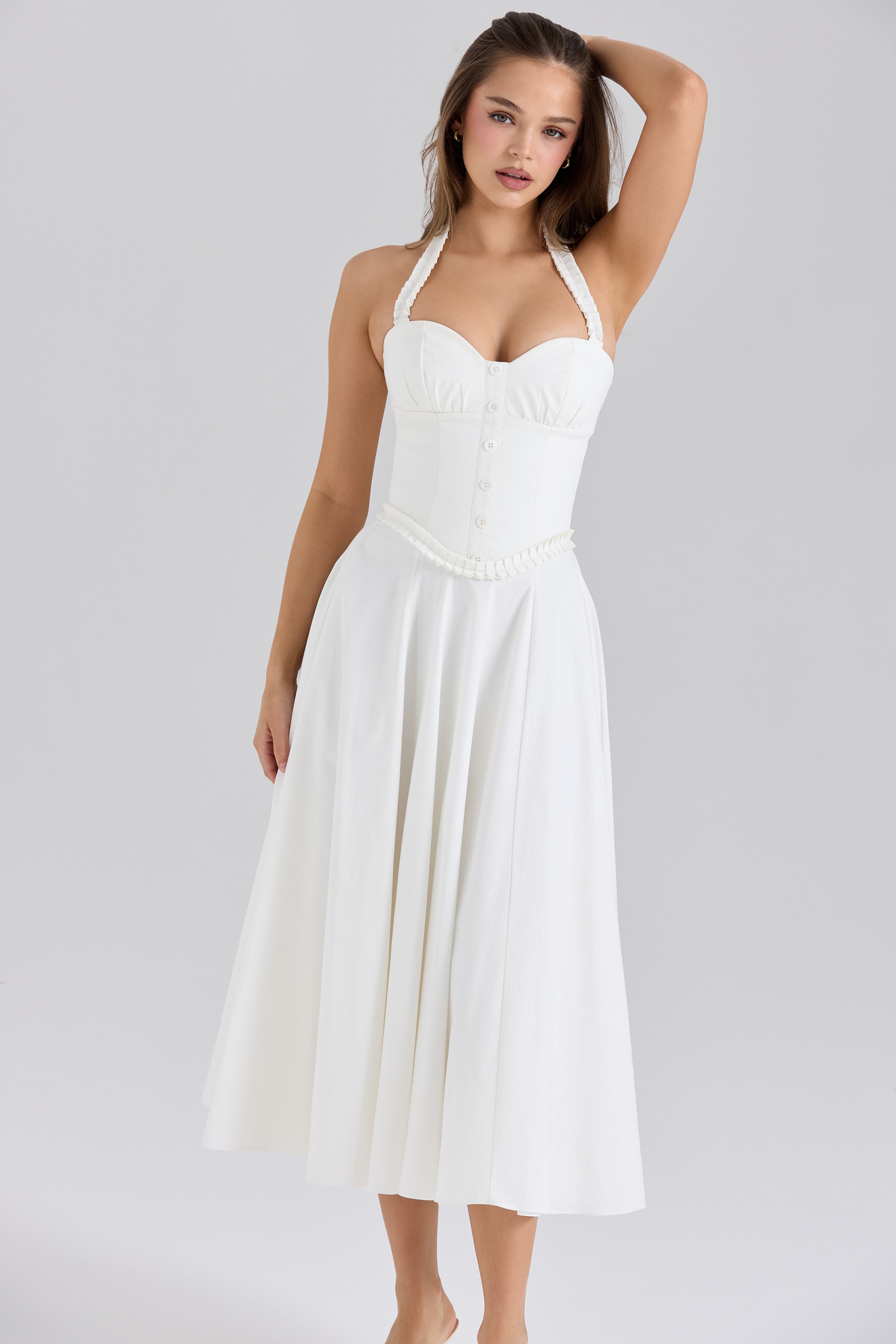 Georgie-White Stretch Cotton Halter Neck Midi Dress