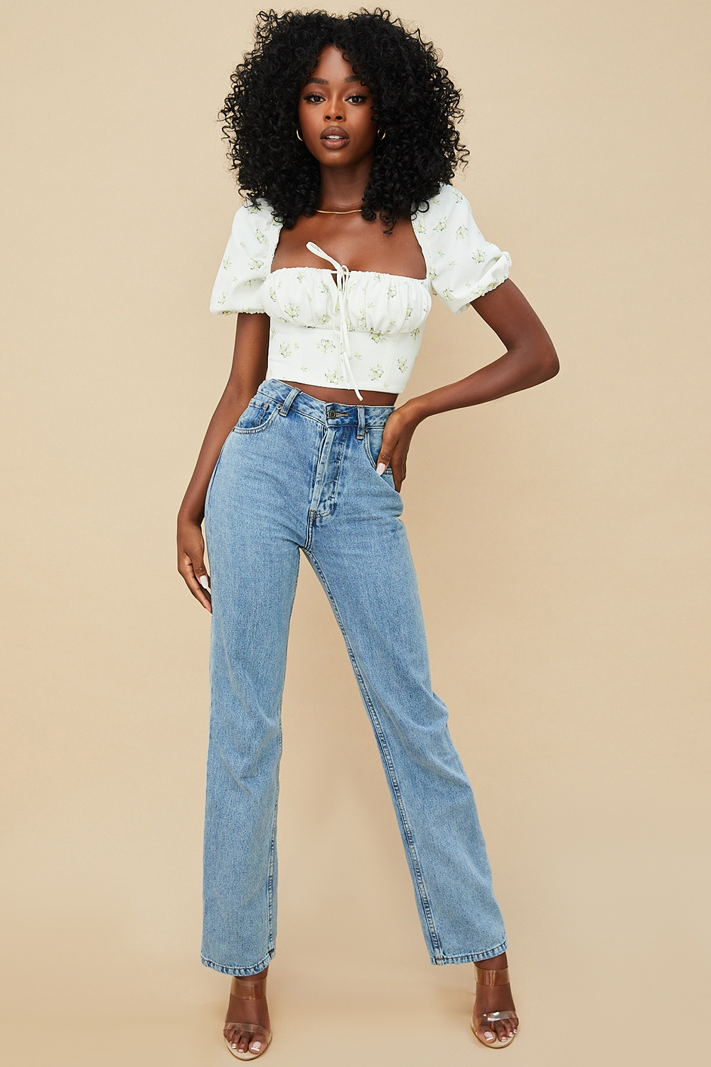 Arianna-Ivory Floral Puff Sleeve Cropped Top