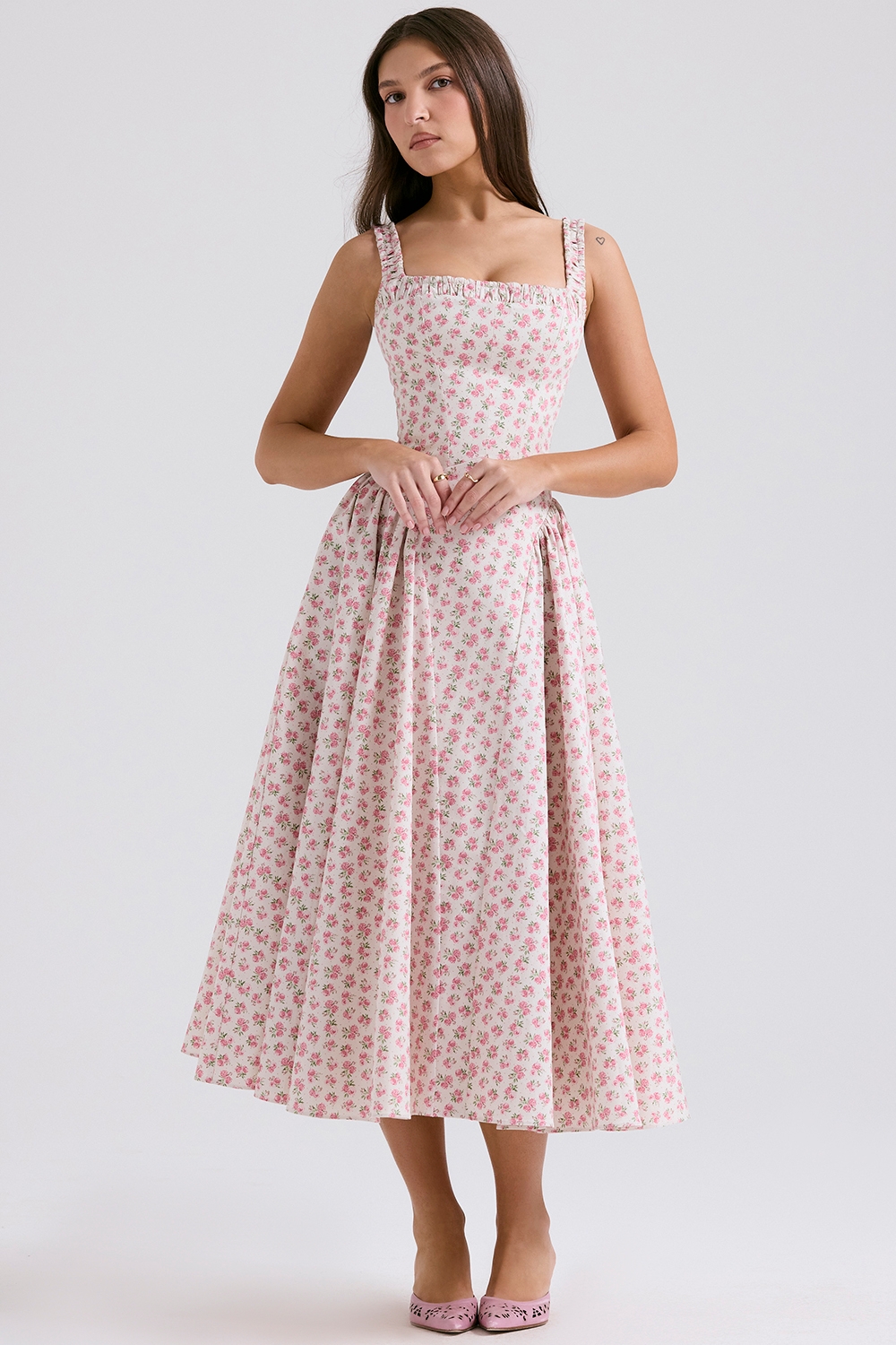 Dorothy-White Rosebud Print Cotton Midi Sundress